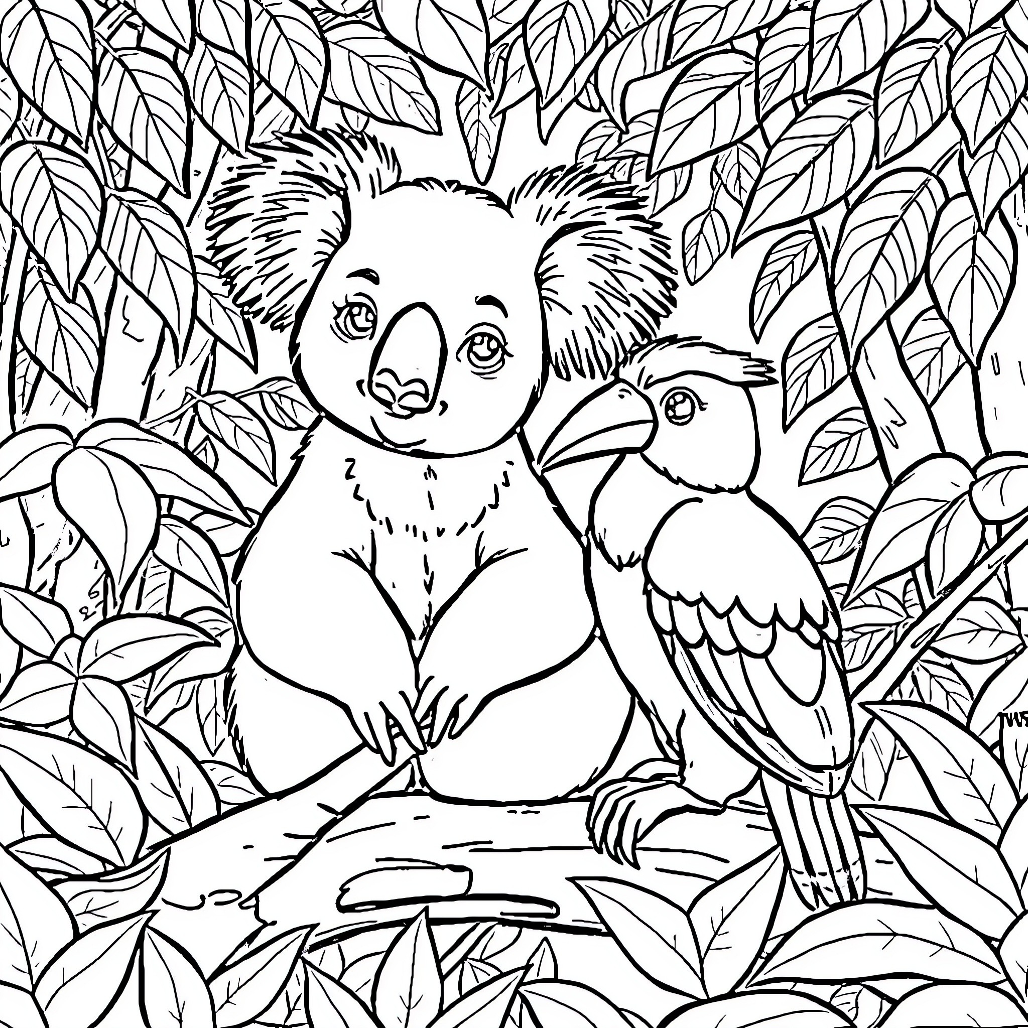 Koala and toucan in lush forest Coloring Page (free black-and-white line drawing printable PDF for all, from beginners to advanced learners, including children, teens, adults, and seniors)