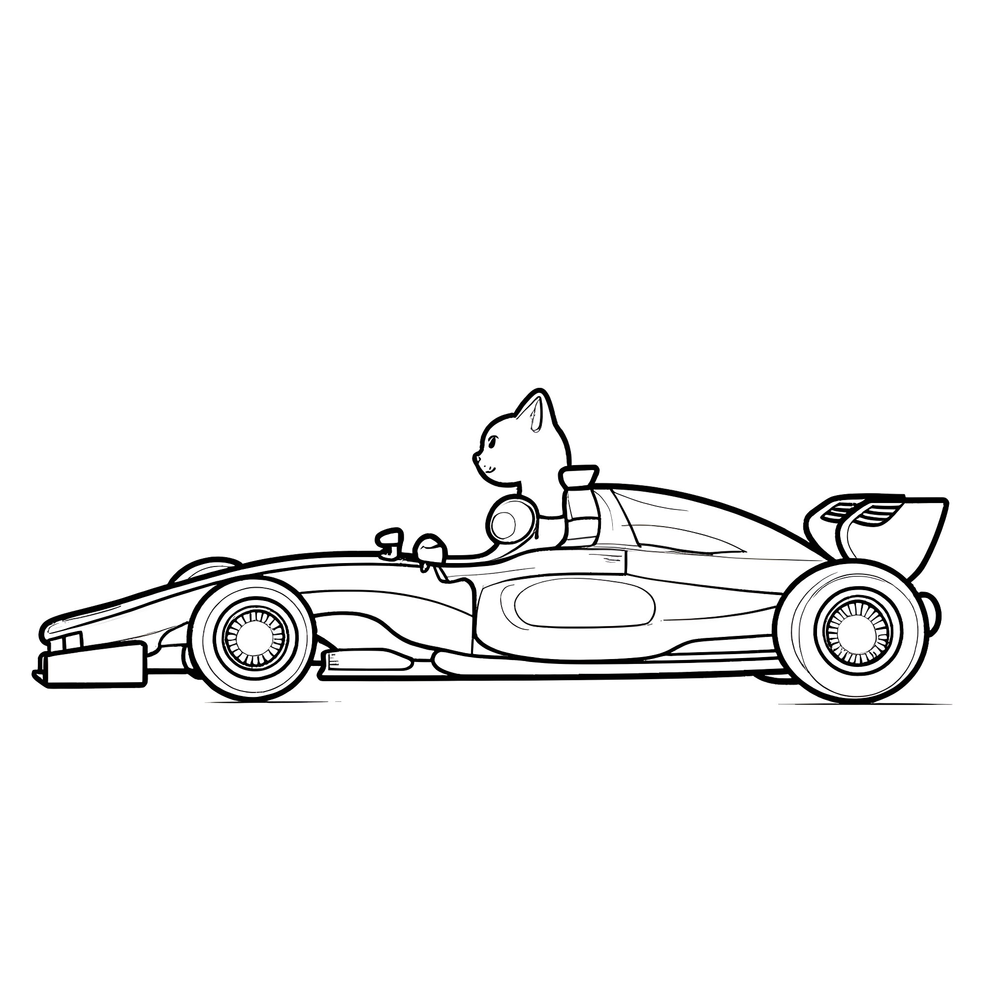 Siamese Cat riding a racing car Coloring Page (free black-and-white line drawing printable PDF for all, from beginners to advanced learners, including children, teens, adults, and seniors)
