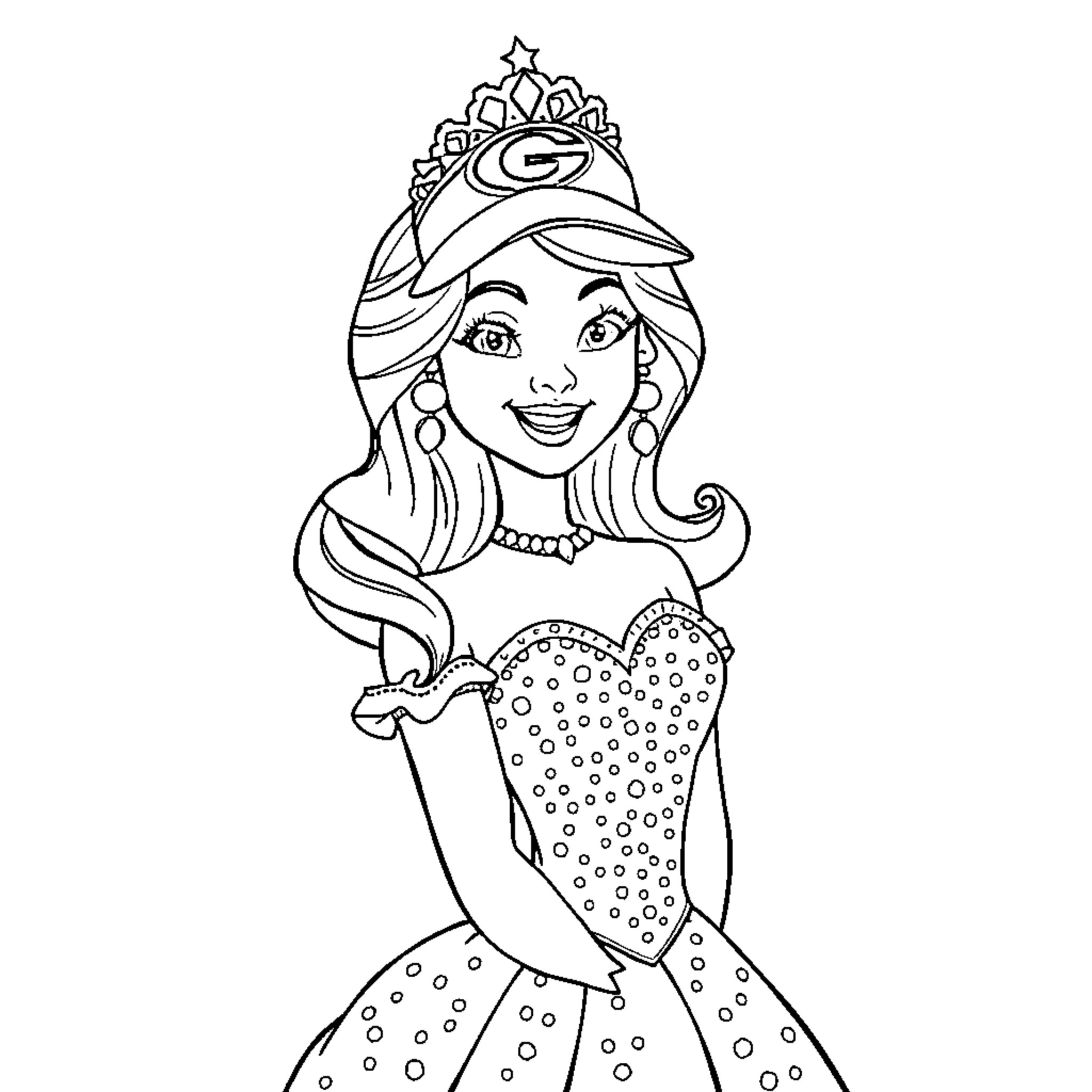 Princess in Elegant Dress and Crown Coloring Page (free black-and-white line drawing printable PDF for all, from beginners to advanced learners, including children, teens, adults, and seniors)