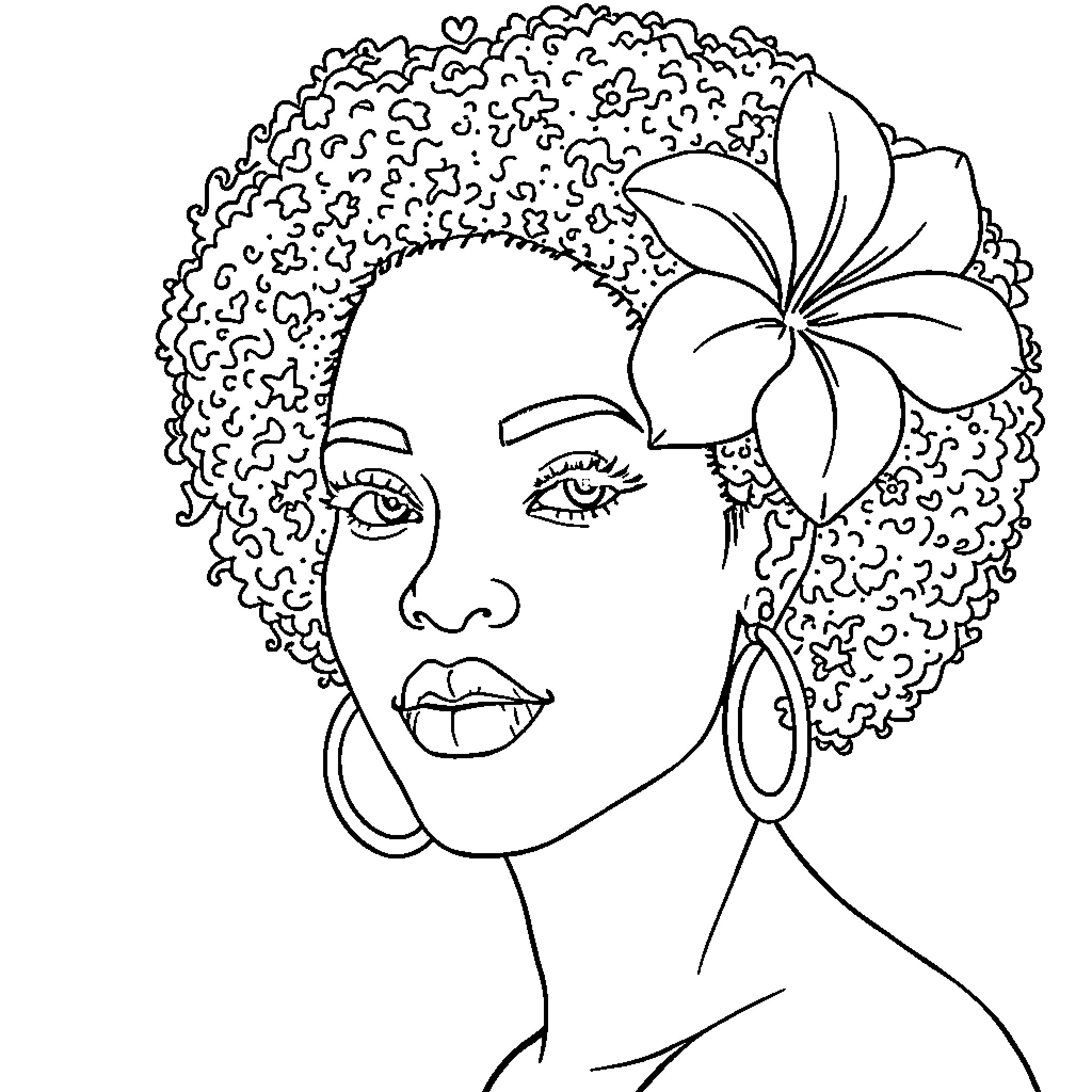 Woman with Curly Hair and Flower Accessory Coloring Page (free black-and-white line drawing printable PDF for all, from beginners to advanced learners, including children, teens, adults, and seniors)