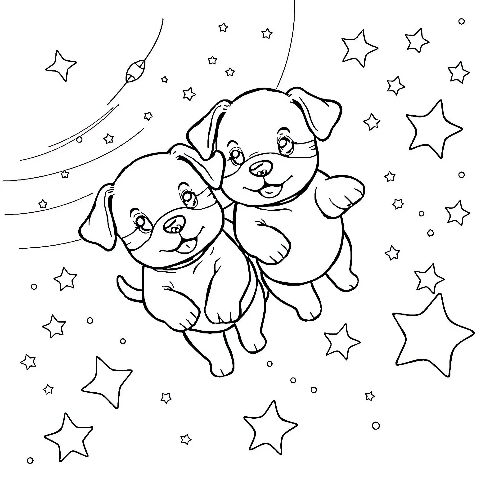 Puppies playing joyfully among the stars Coloring Page (free black-and-white line drawing printable PDF for all, from beginners to advanced learners, including children, teens, adults, and seniors)