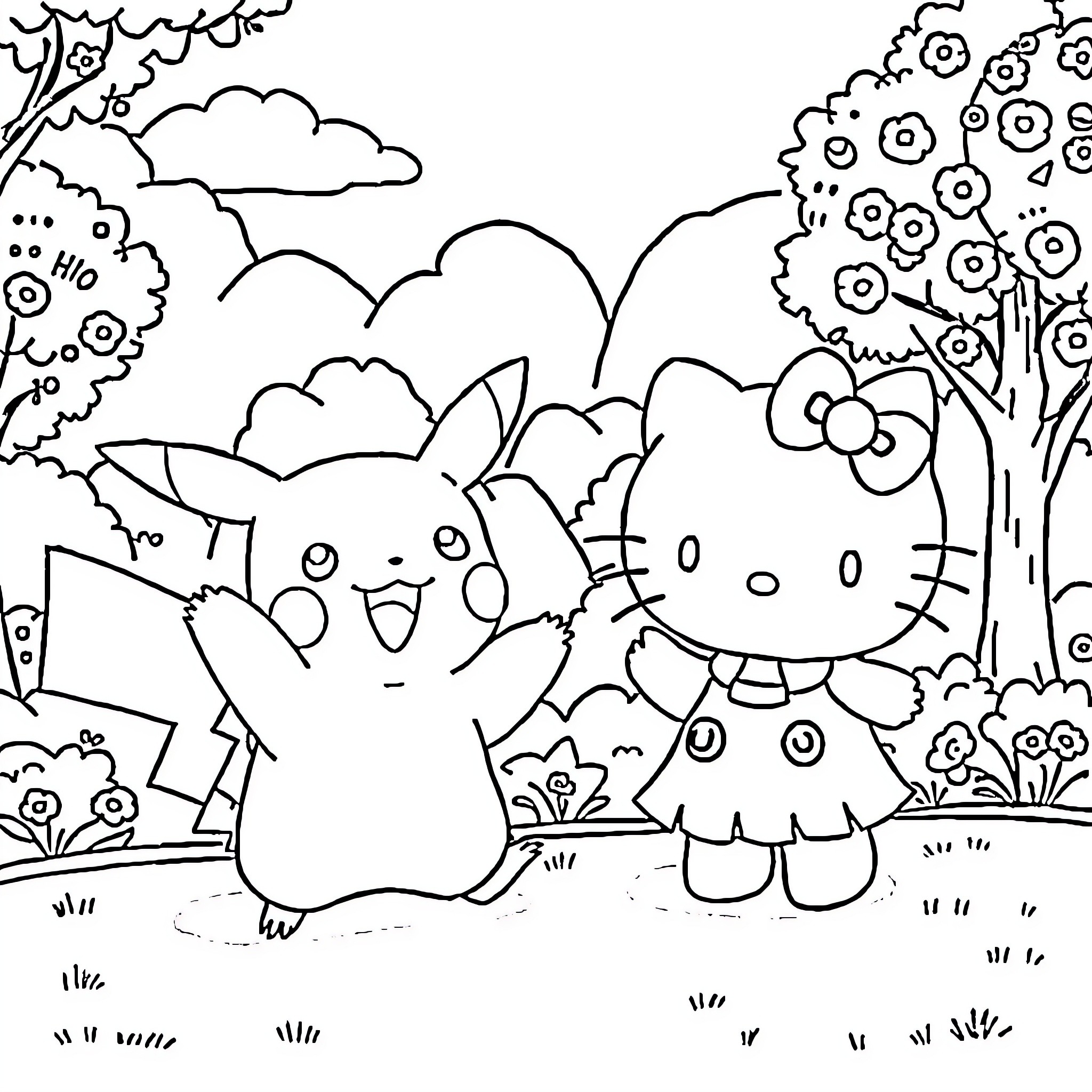 Pikachu and Hello Kitty playing happily in nature Coloring Page (free black-and-white line drawing printable PDF for all, from beginners to advanced learners, including children, teens, adults, and seniors)