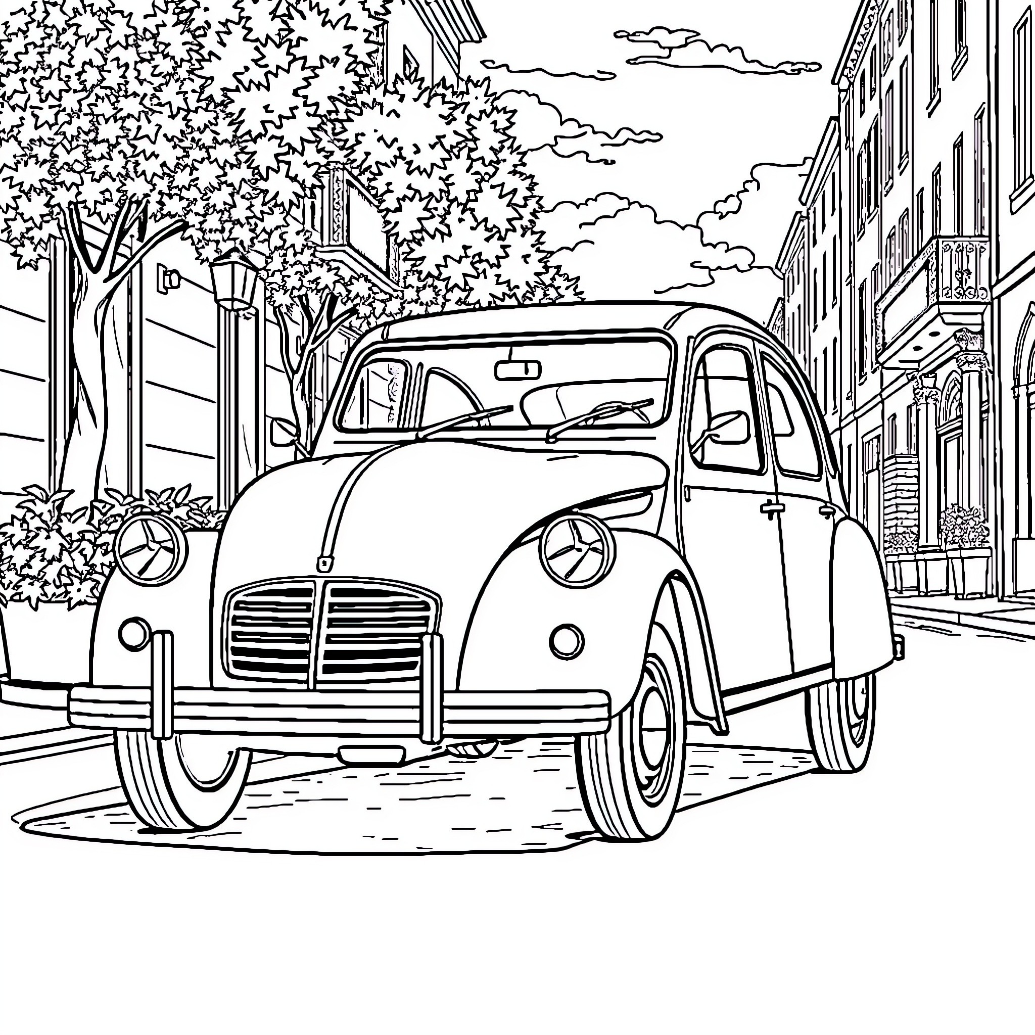 2cv driving down city street with cherry blossoms Coloring Page (free black-and-white line drawing printable PDF for all, from beginners to advanced learners, including children, teens, adults, and seniors)