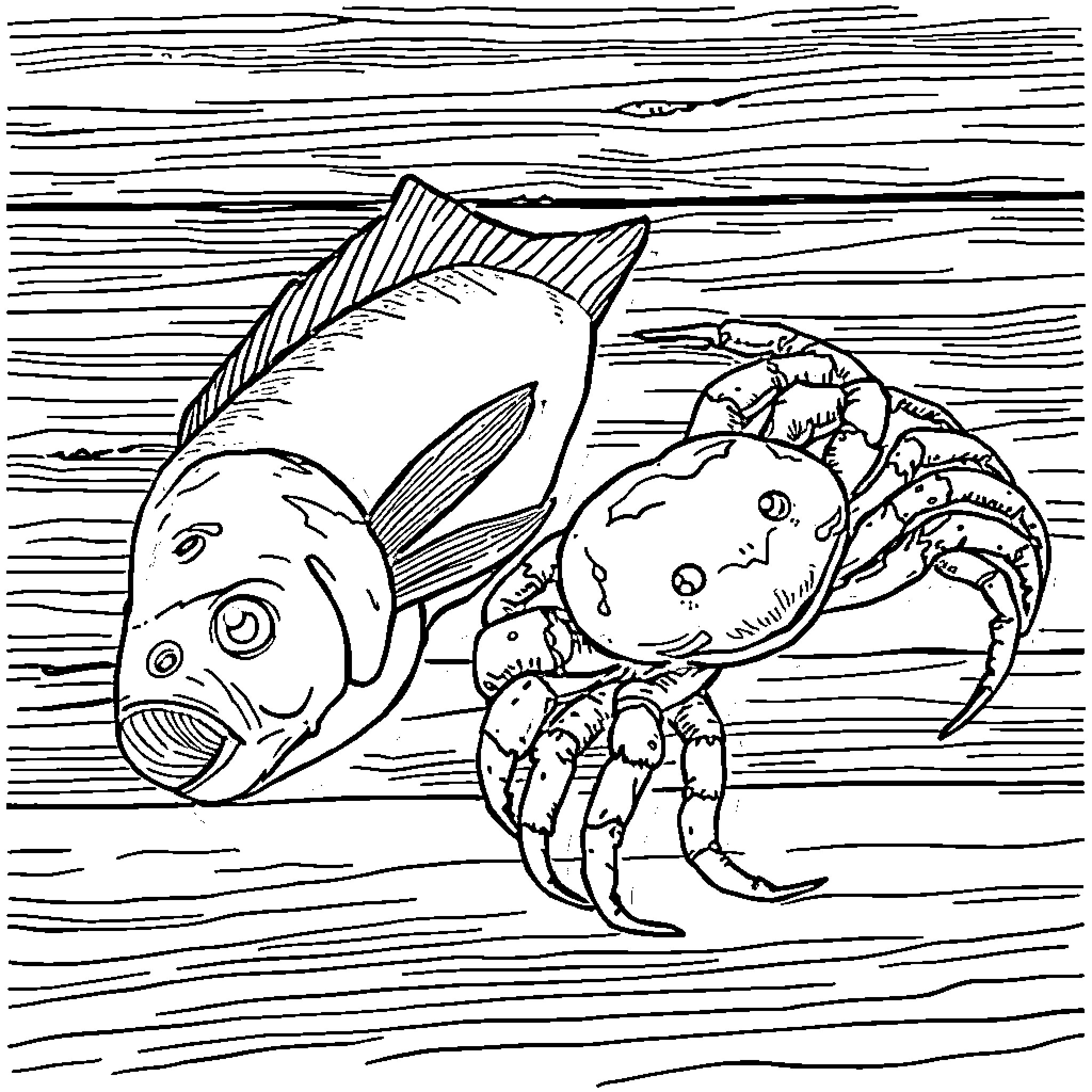 Barramundi and Crab in Underwater Scene Coloring Page (free black-and-white line drawing printable PDF for all, from beginners to advanced learners, including children, teens, adults, and seniors)