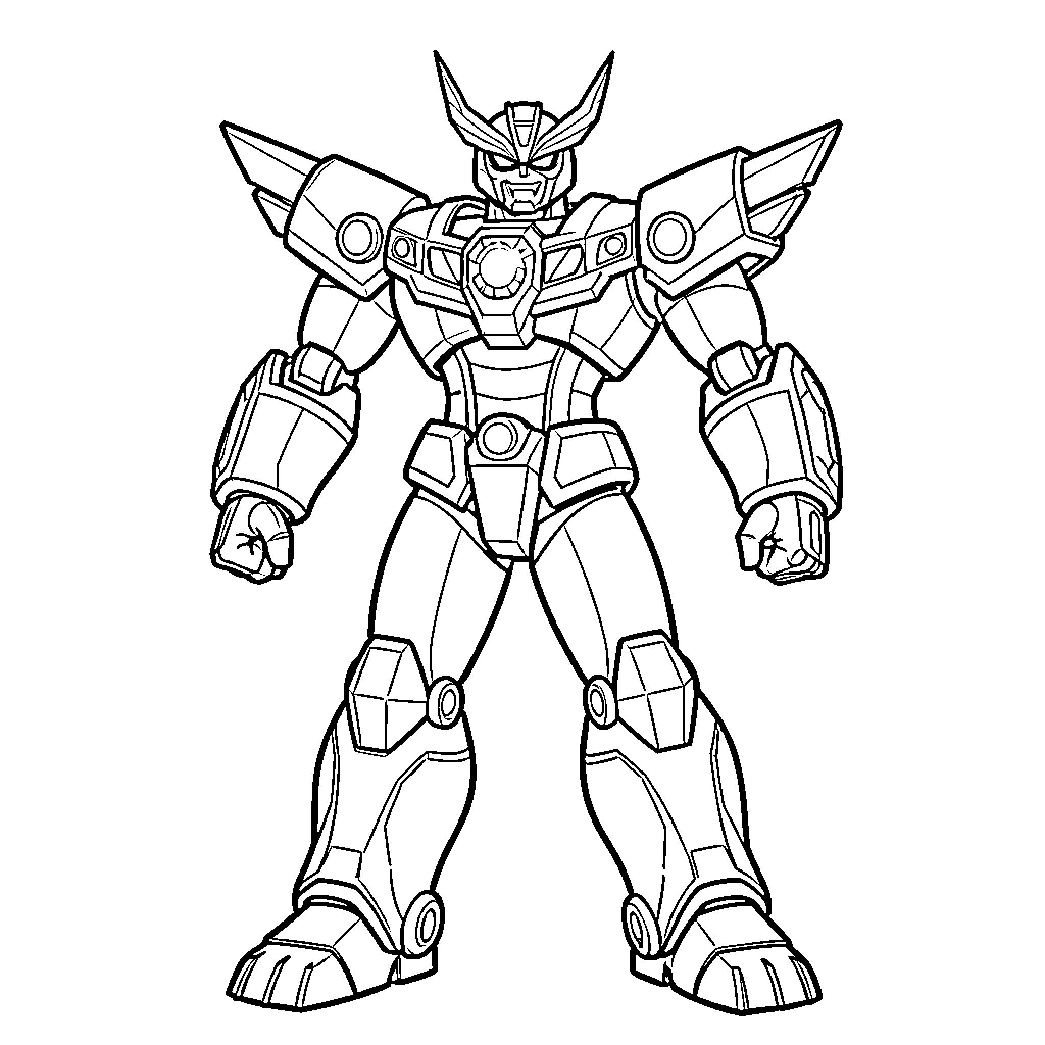 Megazord Heroic Robot in Fighting Stance Coloring Page (free black-and-white line drawing printable PDF for all, from beginners to advanced learners, including children, teens, adults, and seniors)
