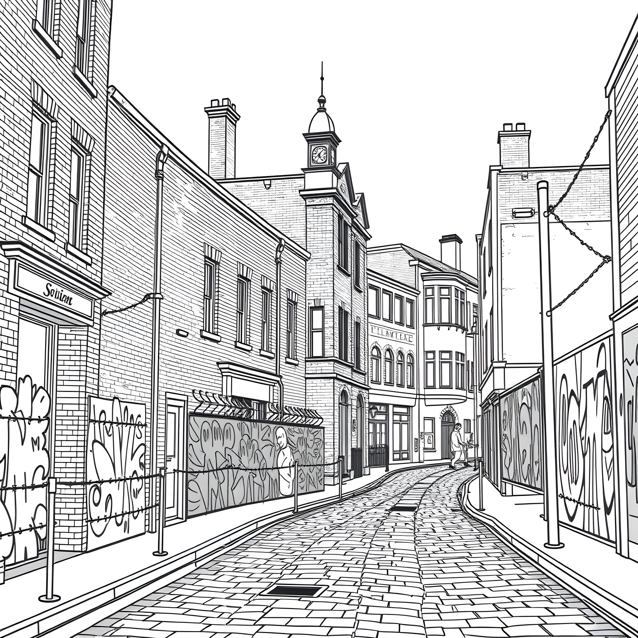 Belfast street scene with historic architecture and graffiti Coloring Page (free black-and-white line drawing printable PDF for all, from beginners to advanced learners, including children, teens, adults, and seniors)