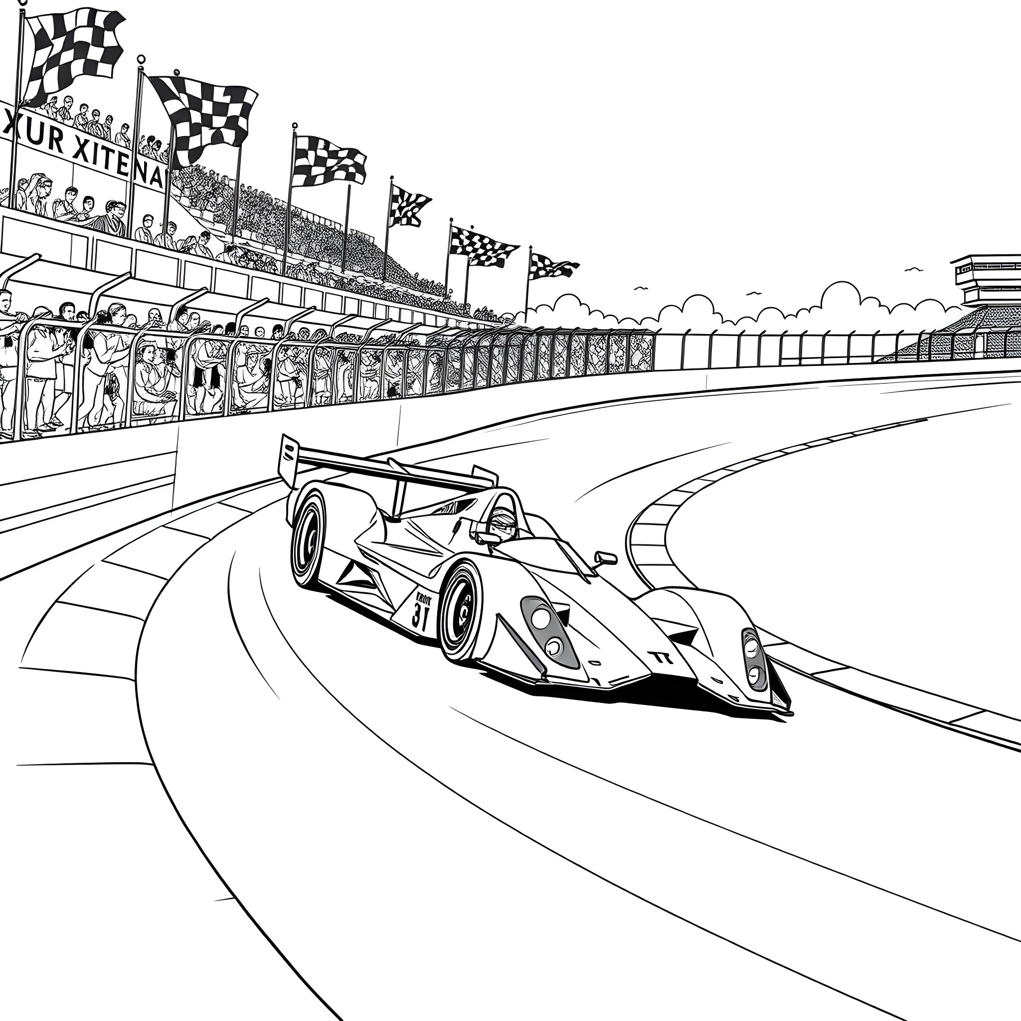 Racecar speeding on racetrack with cheering crowd Coloring Page (free black-and-white line drawing printable PDF for all, from beginners to advanced learners, including children, teens, adults, and seniors)