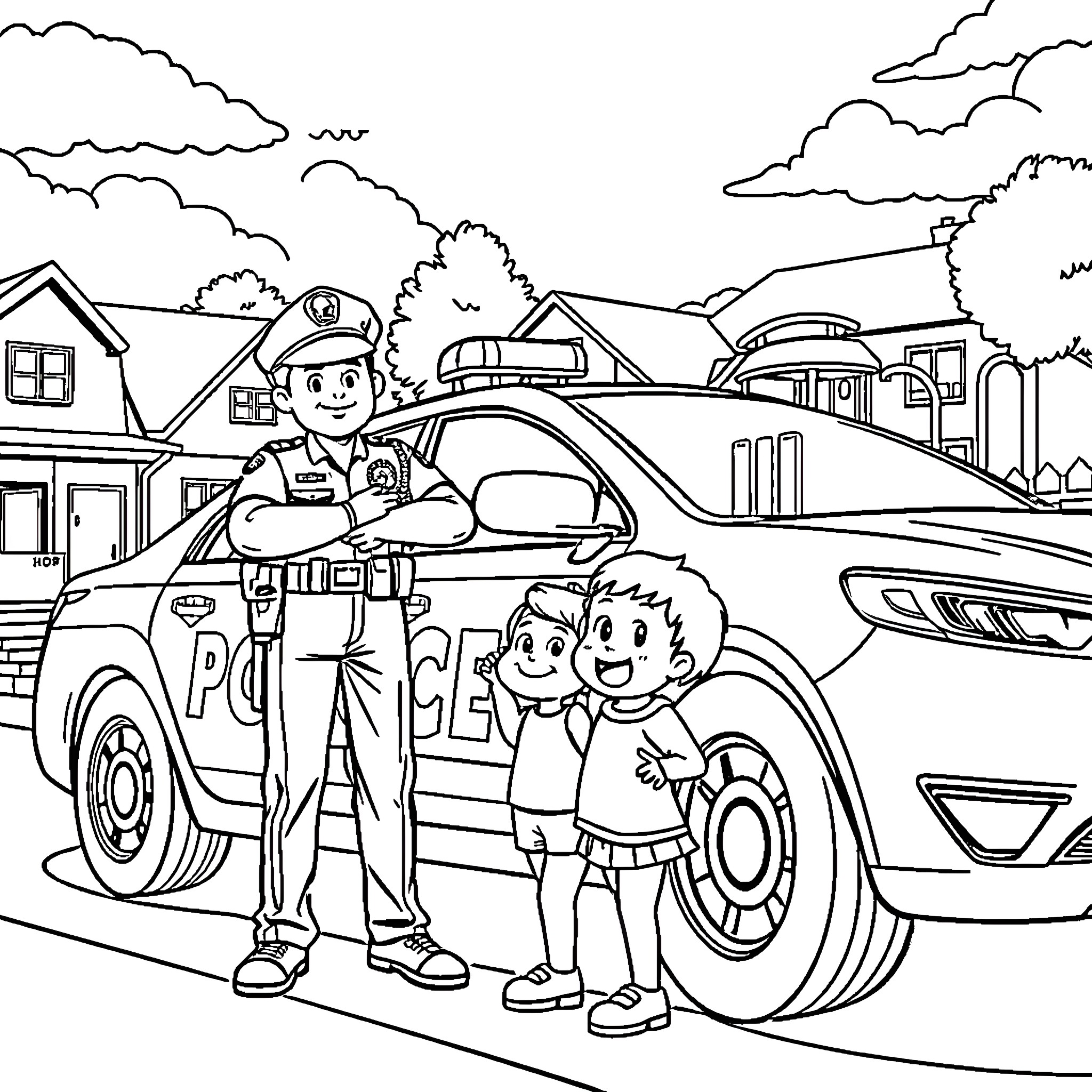 Police Officer Interacting with Children in a Neighborhood Coloring Page (free black-and-white line drawing printable PDF for all, from beginners to advanced learners, including children, teens, adults, and seniors)