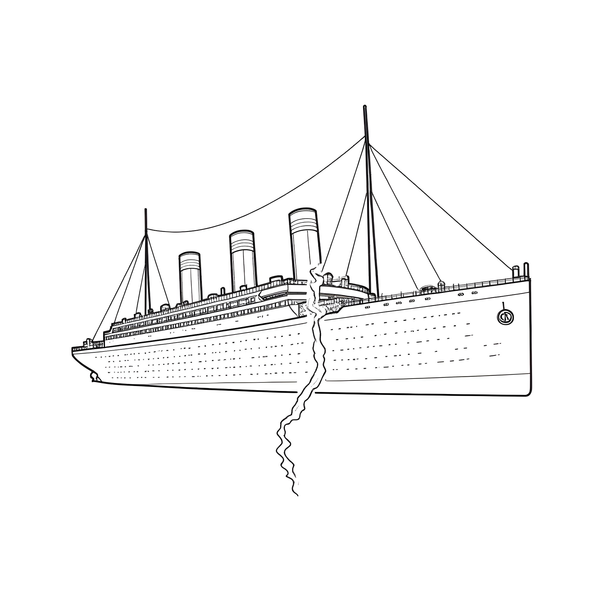 Titanic: Iconic Steamship on a Voyage Coloring Page (free black-and-white line drawing printable PDF for all, from beginners to advanced learners, including children, teens, adults, and seniors)