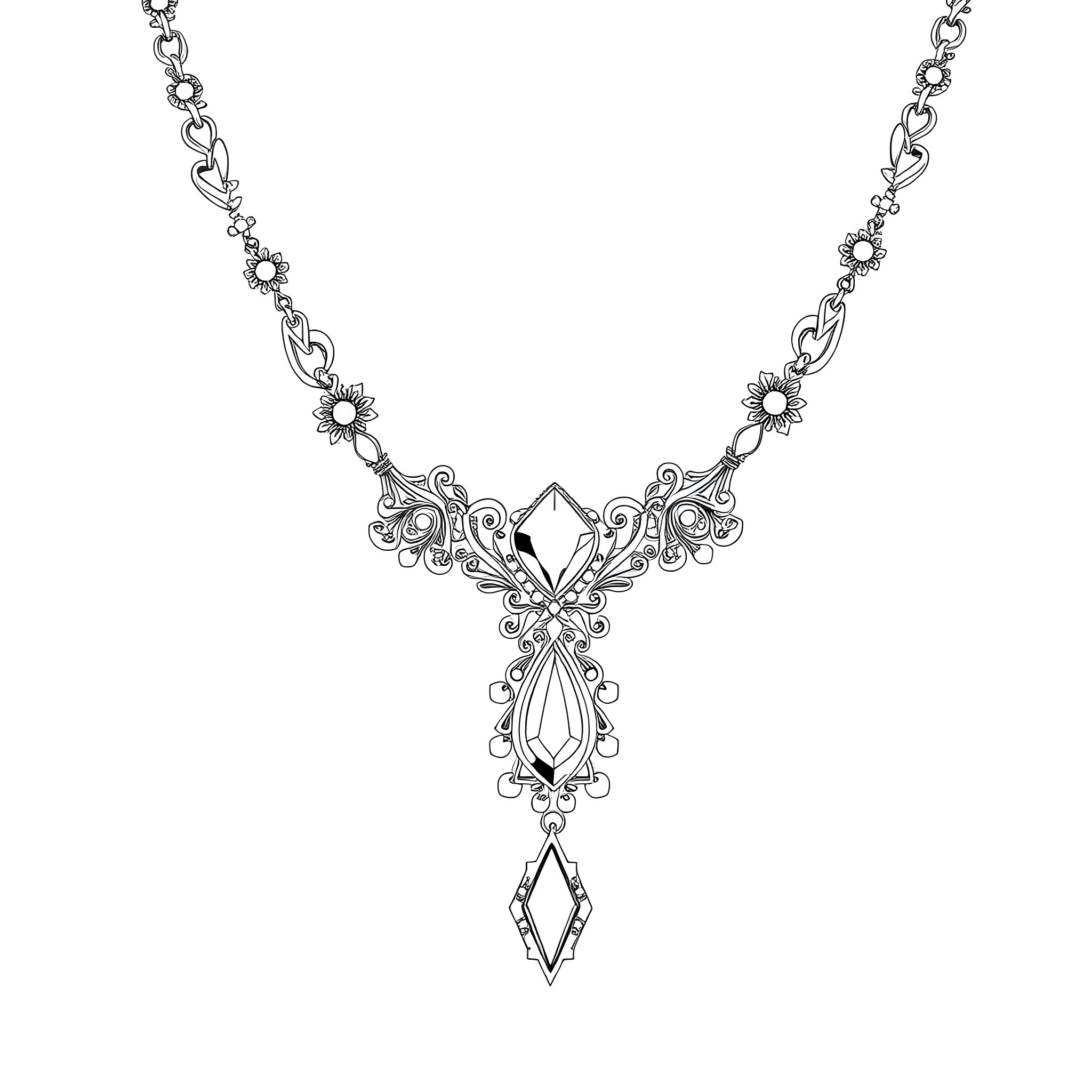 Necklace with Intricate Floral and Geometric Designs Coloring Page (free black-and-white line drawing printable PDF for all, from beginners to advanced learners, including children, teens, adults, and seniors)