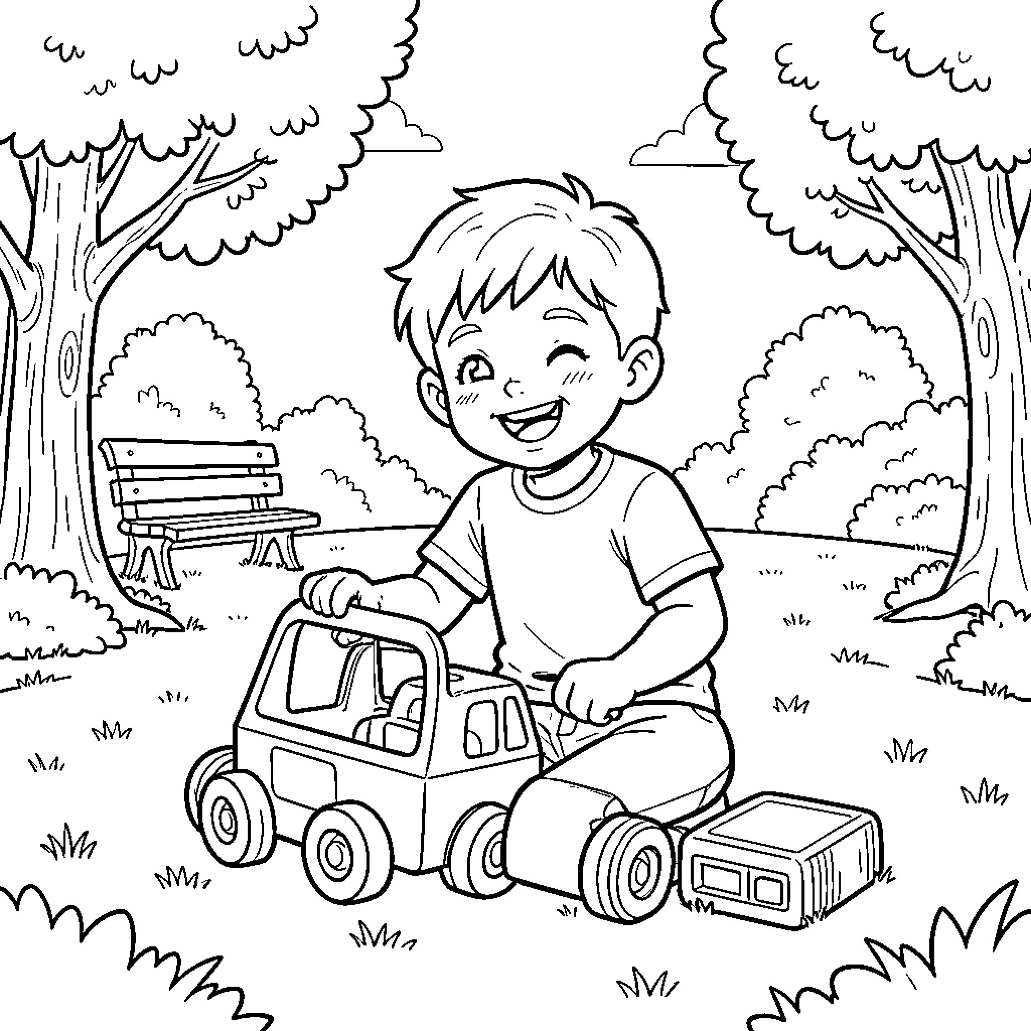 Boy enjoying playing with toy car in park Coloring Page (free black-and-white line drawing printable PDF for all, from beginners to advanced learners, including children, teens, adults, and seniors)