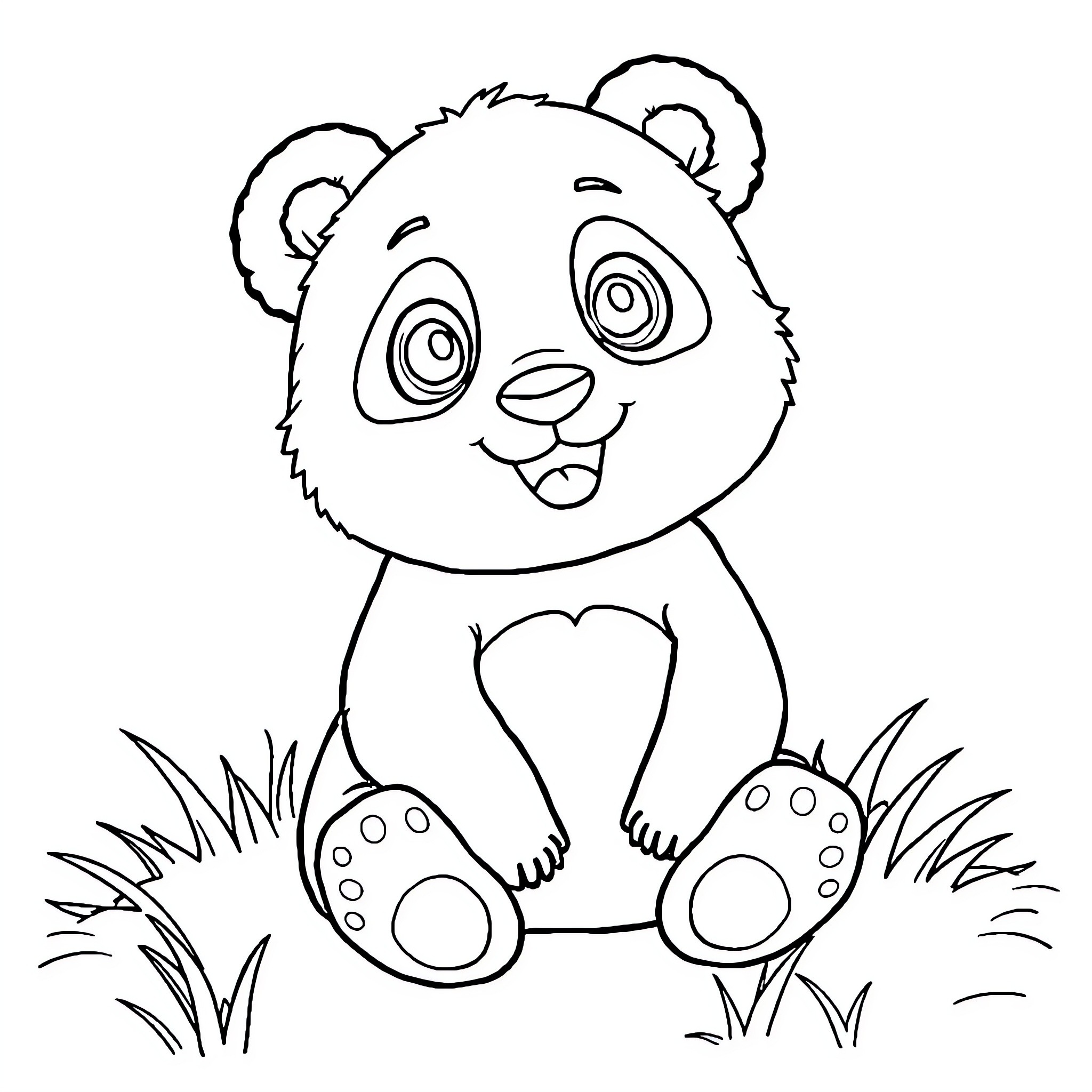 Panda sitting happily in the grass Coloring Page (free black-and-white line drawing printable PDF for all, from beginners to advanced learners, including children, teens, adults, and seniors)