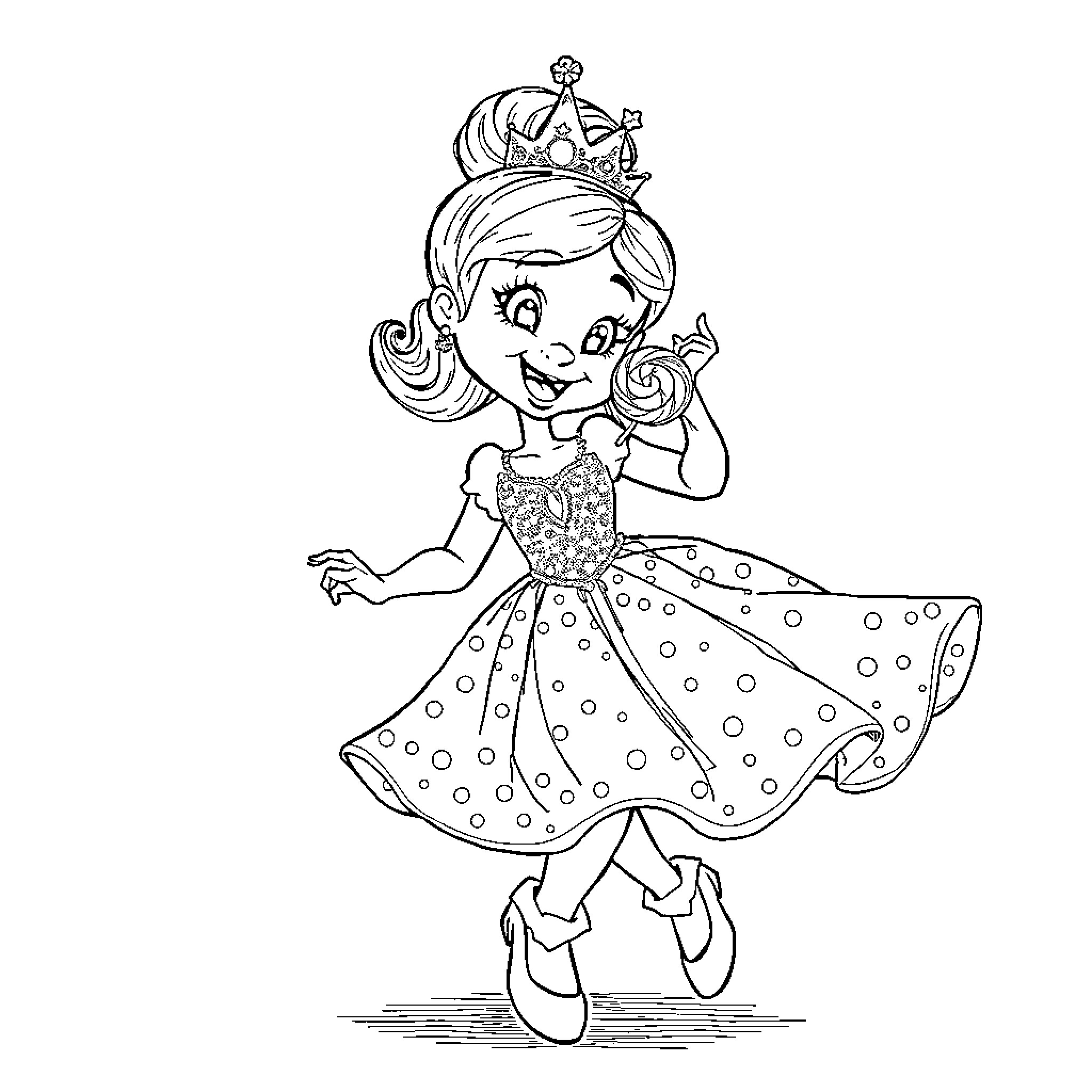 Bluey in a Sparkling Dress and Crown Coloring Page (free black-and-white line drawing printable PDF for all, from beginners to advanced learners, including children, teens, adults, and seniors)