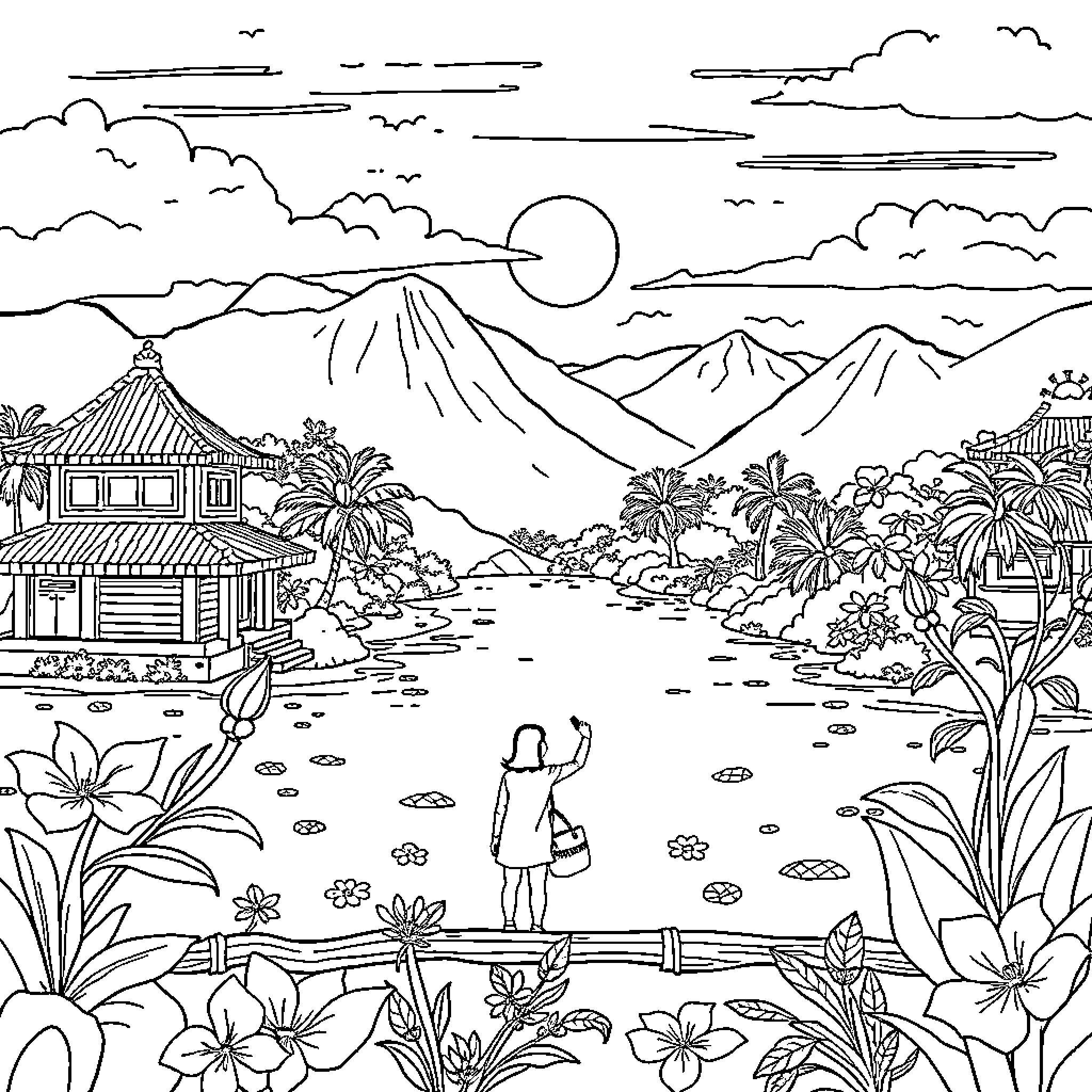 Thung Thung Sahur: Tranquil Landscape with Buildings and Mountainous Backdrop Coloring Page (free black-and-white line drawing printable PDF for all, from beginners to advanced learners, including children, teens, adults, and seniors)