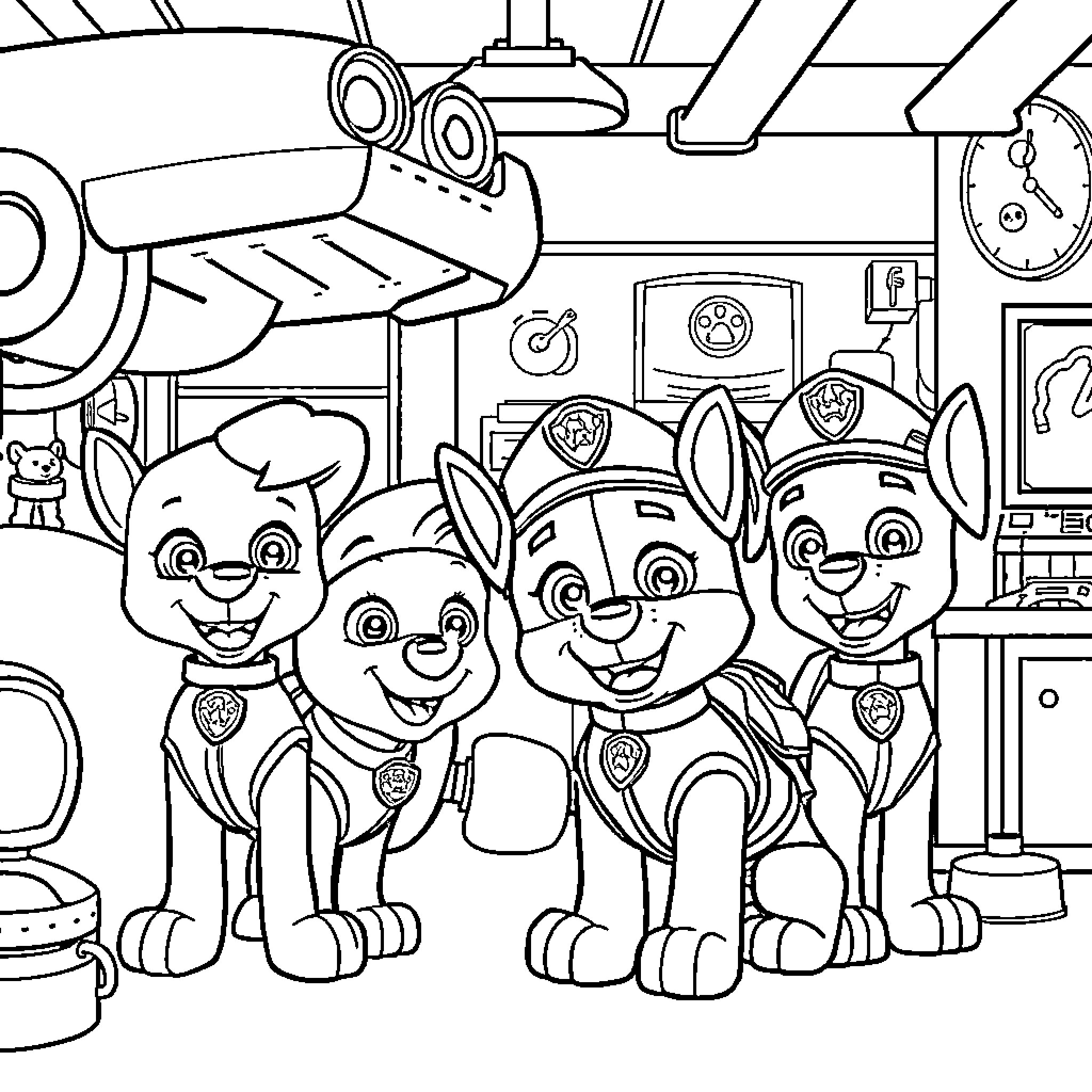 Paw Patrol Puppies in Action-Packed Headquarters Coloring Page (free black-and-white line drawing printable PDF for all, from beginners to advanced learners, including children, teens, adults, and seniors)