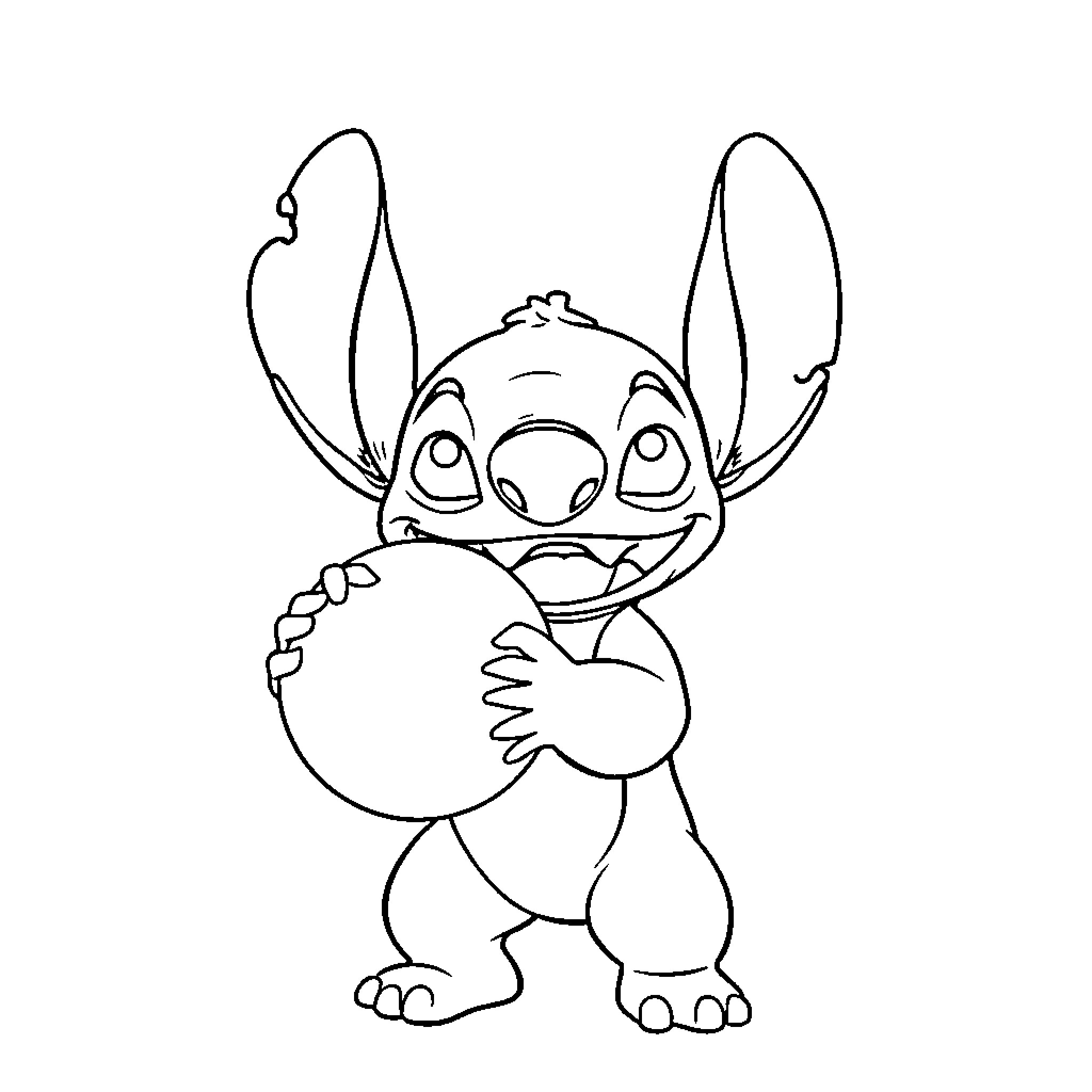 Stitch embracing a globe happily Coloring Page (free black-and-white line drawing printable PDF for all, from beginners to advanced learners, including children, teens, adults, and seniors)