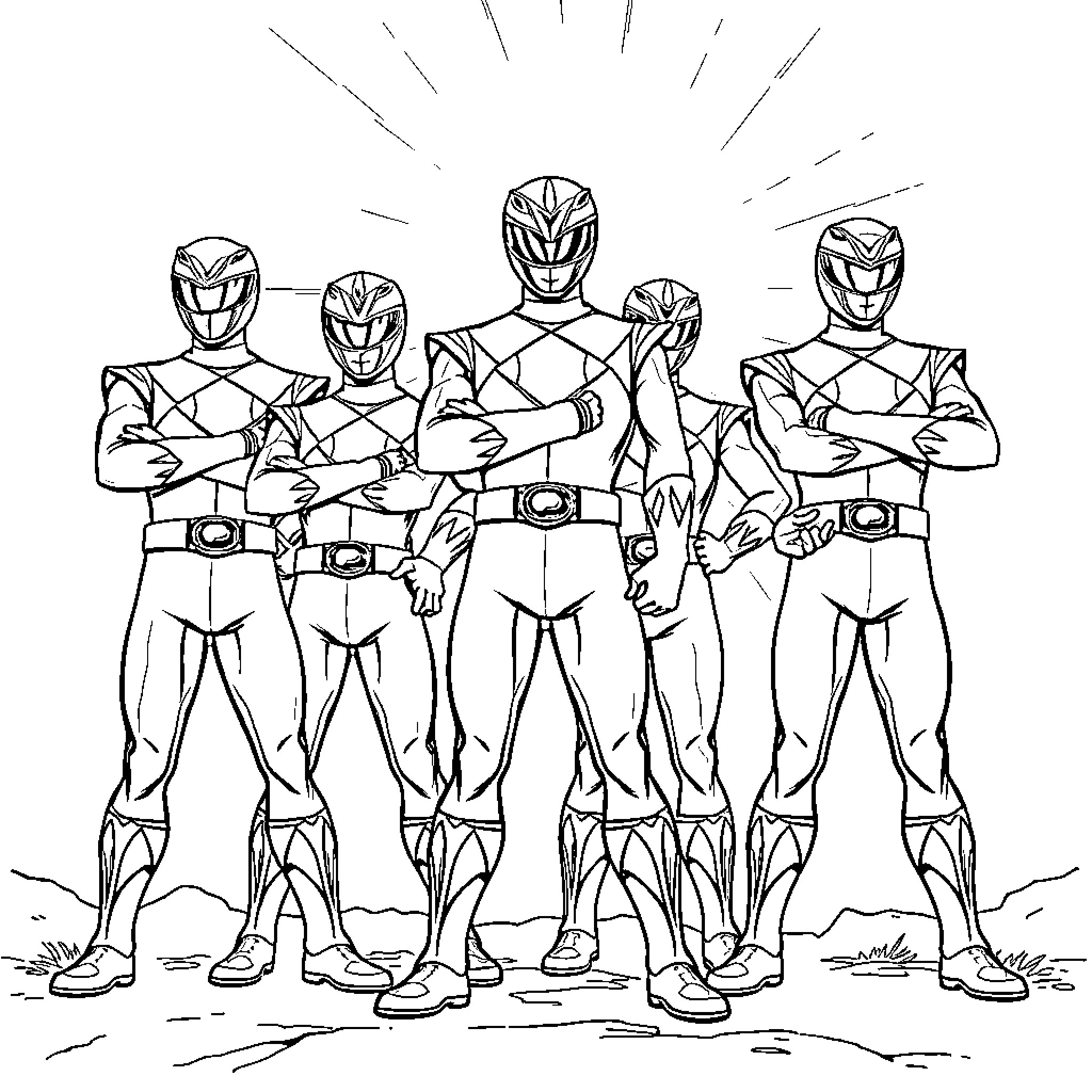 Power Rangers in Heroic Poses Coloring Page (free black-and-white line drawing printable PDF for all, from beginners to advanced learners, including children, teens, adults, and seniors)