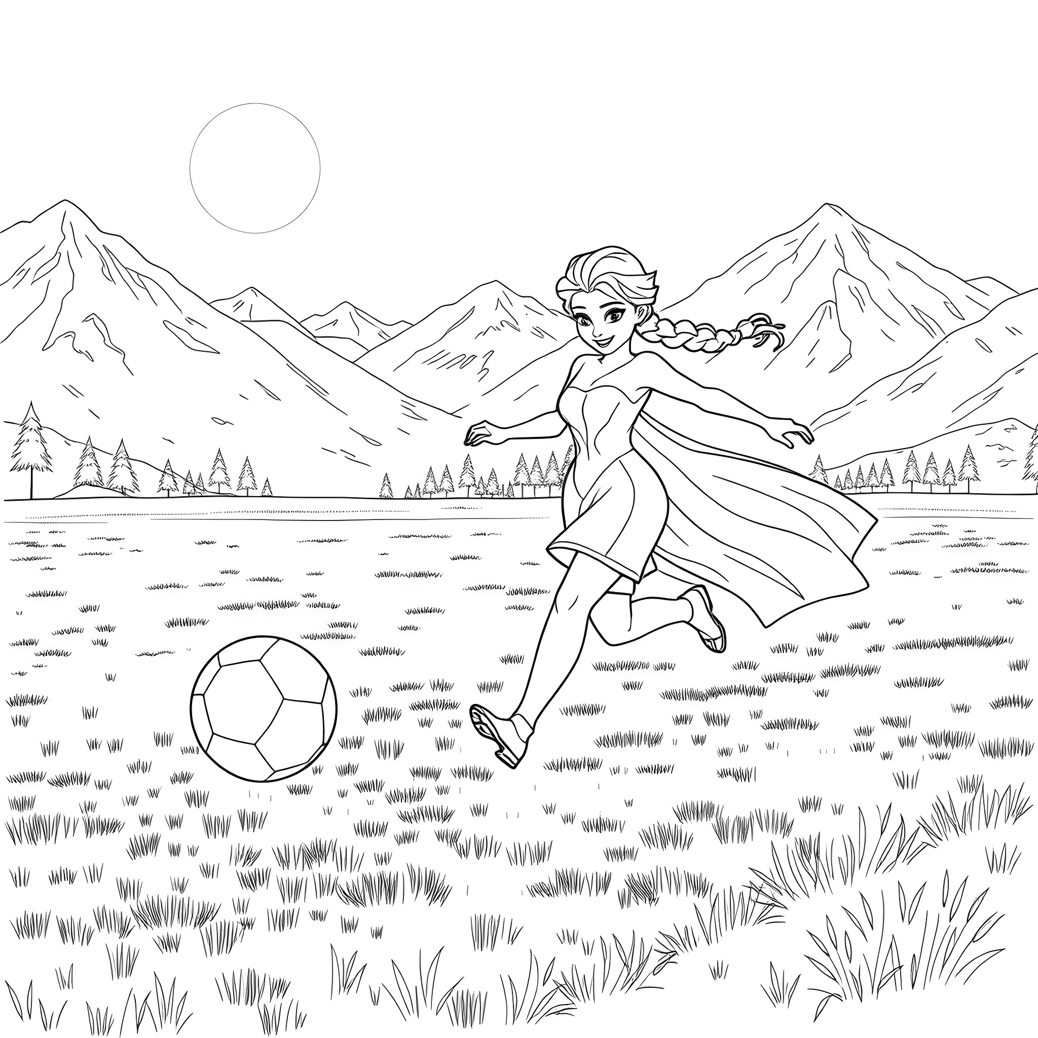 Elsa joyfully kicking a soccer ball in a scenic mountain landscape Coloring Page (free black-and-white line drawing printable PDF for all, from beginners to advanced learners, including children, teens, adults, and seniors)