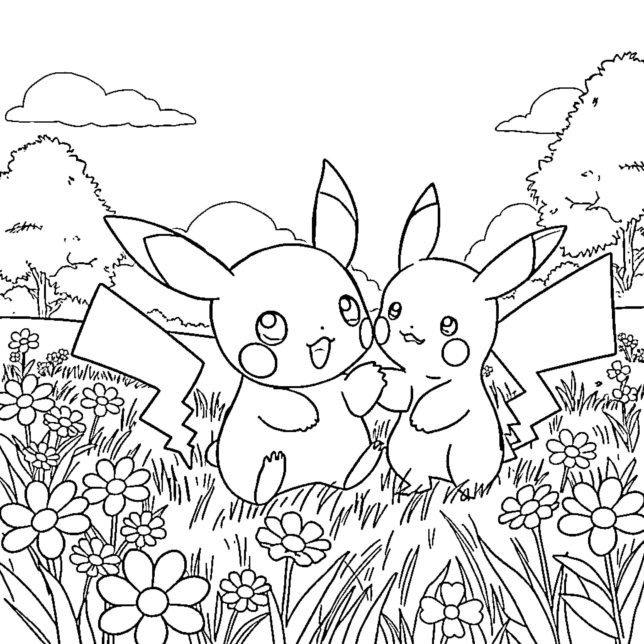 Mimikyu's Playful Adventure in the Floral Garden Coloring Page (free black-and-white line drawing printable PDF for all, from beginners to advanced learners, including children, teens, adults, and seniors)