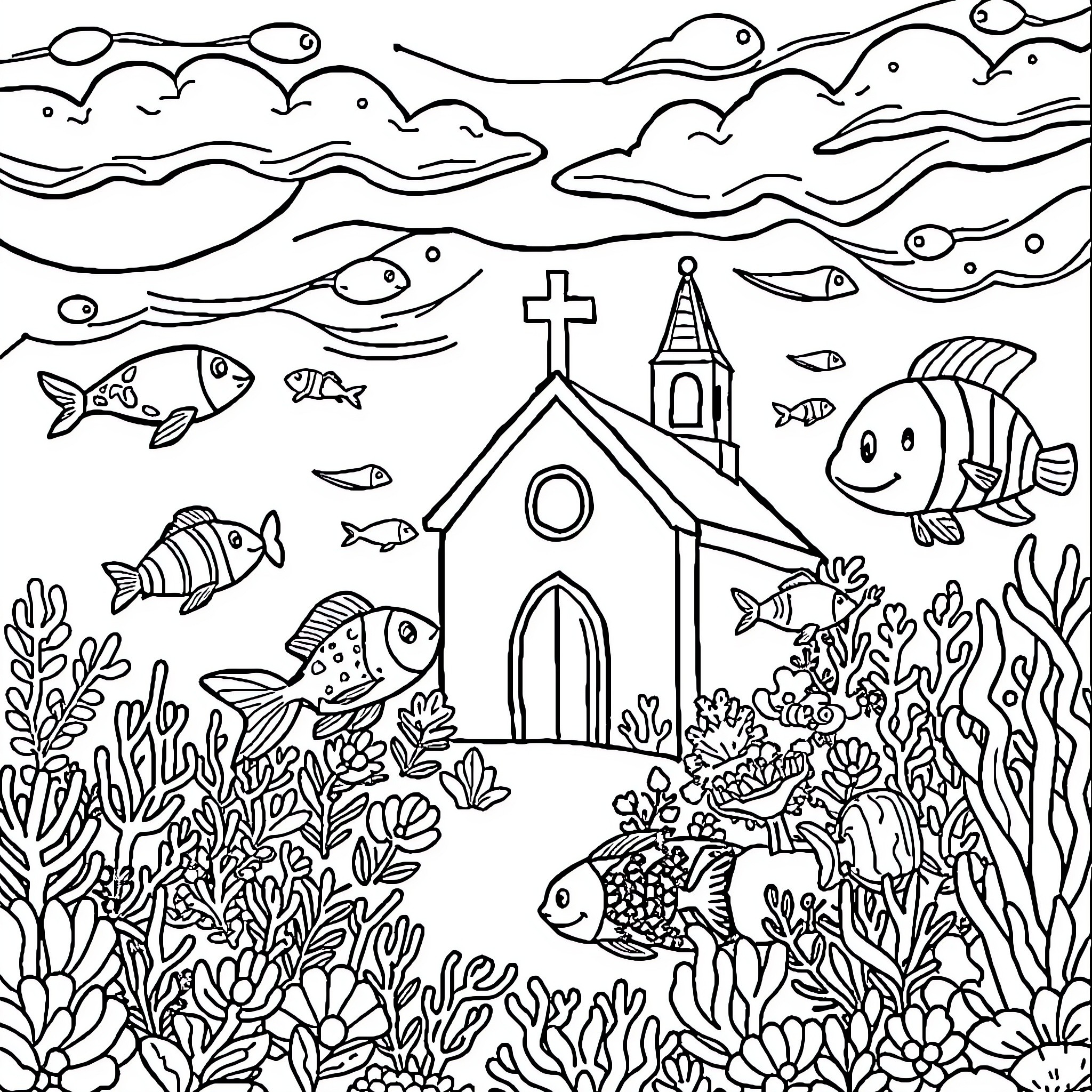 Ocean Animal Underwater Church and Creatures Coloring Page (free black-and-white line drawing printable PDF for all, from beginners to advanced learners, including children, teens, adults, and seniors)