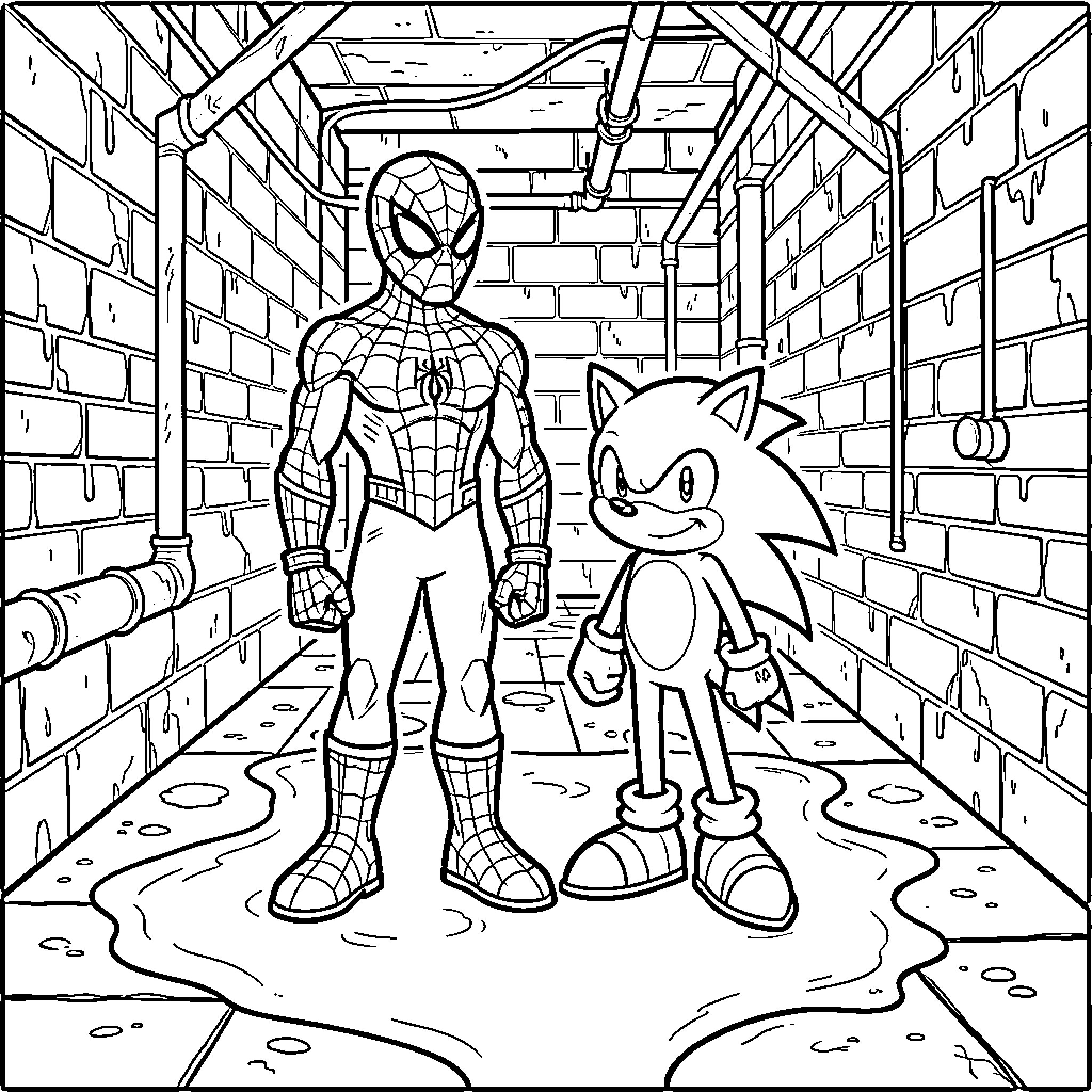 Spider-Man standing alongside Sonic in a sewer Coloring Page (free black-and-white line drawing printable PDF for all, from beginners to advanced learners, including children, teens, adults, and seniors)