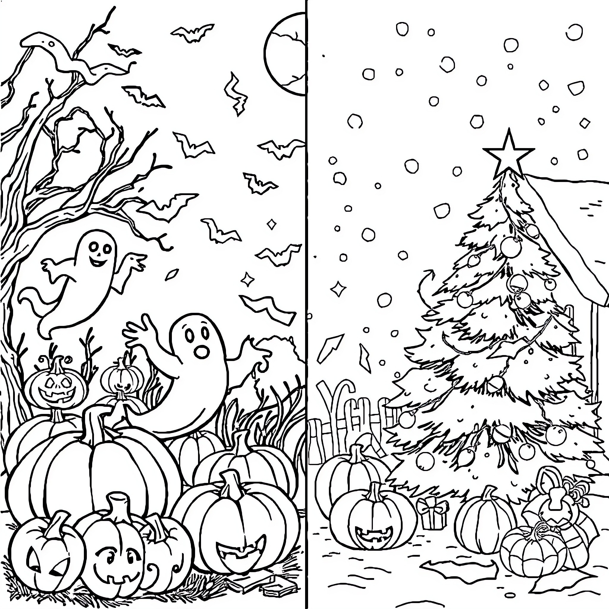 Halloween Scenes with Ghosts, Pumpkins, and Festive Trees Coloring Page (free black-and-white line drawing printable PDF for all, from beginners to advanced learners, including children, teens, adults, and seniors)