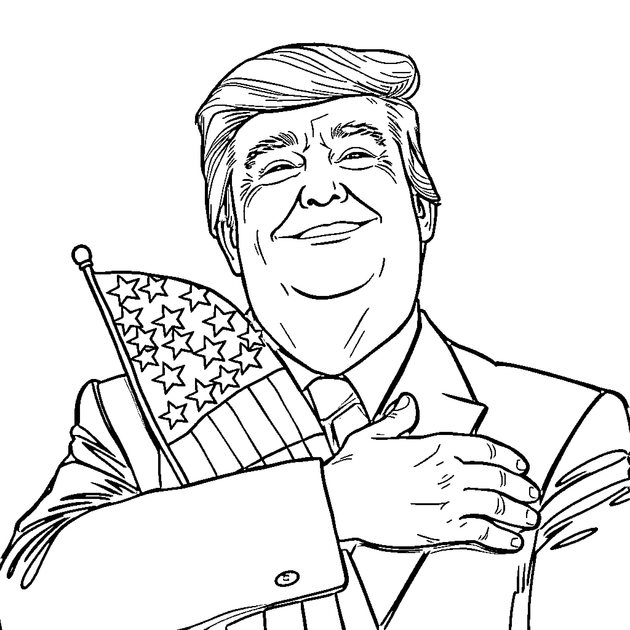 Donald Trump Waving the American Flag Coloring Page (free black-and-white line drawing printable PDF for all, from beginners to advanced learners, including children, teens, adults, and seniors)