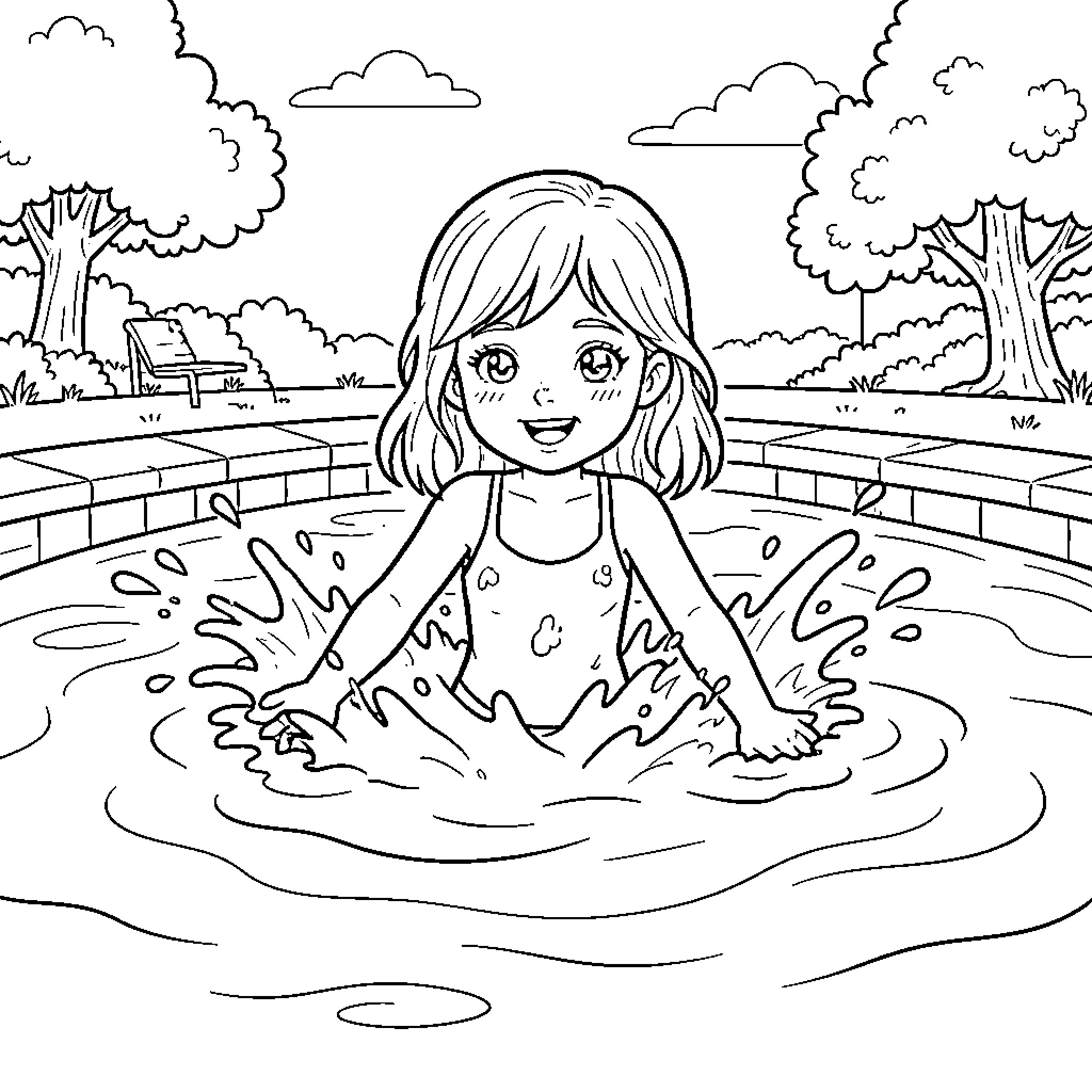 Pony girl splashing happily in a swimming pool Coloring Page (free black-and-white line drawing printable PDF for all, from beginners to advanced learners, including children, teens, adults, and seniors)