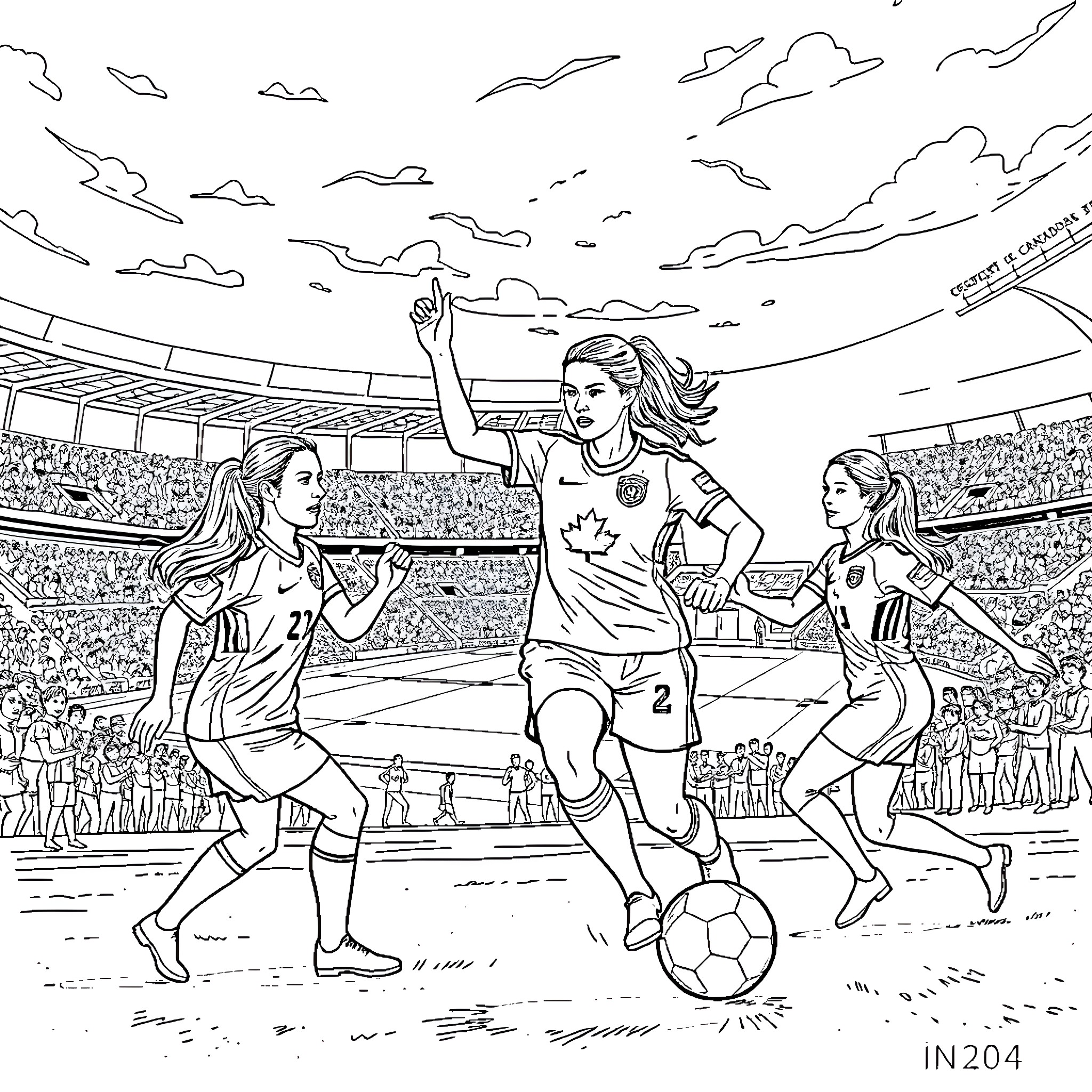 Soccer players in action at the stadium Coloring Page (free black-and-white line drawing printable PDF for all, from beginners to advanced learners, including children, teens, adults, and seniors)