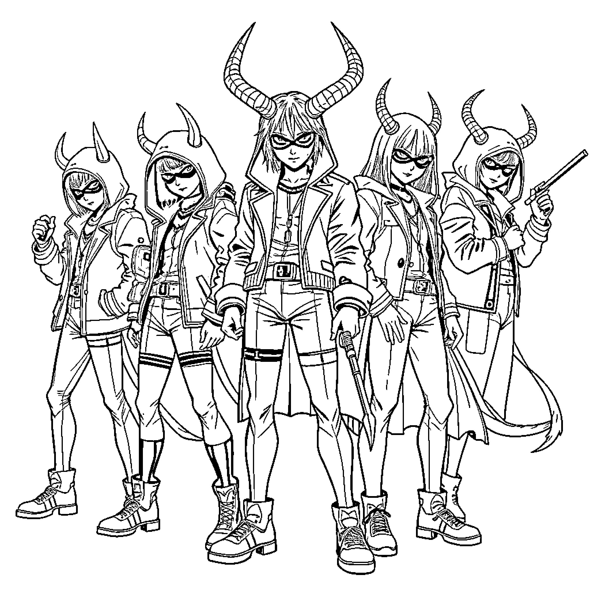 Demon Hunter Squad in Fierce Battle Attire Coloring Page (free black-and-white line drawing printable PDF for all, from beginners to advanced learners, including children, teens, adults, and seniors)