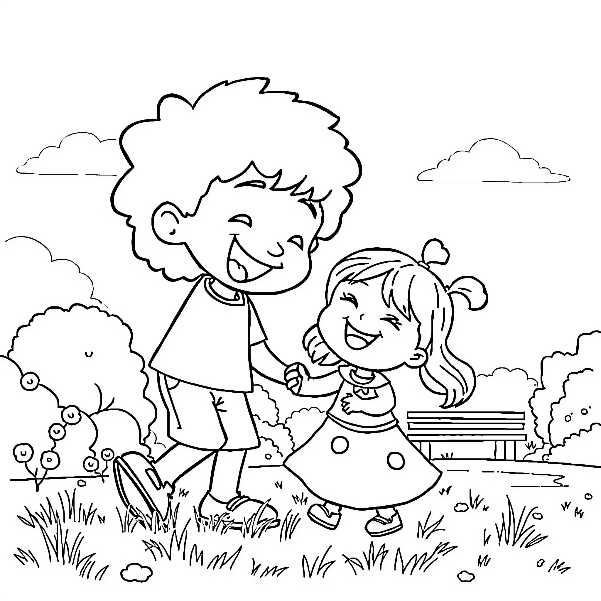Boy and girl playing happily in the park Coloring Page (free black-and-white line drawing printable PDF for all, from beginners to advanced learners, including children, teens, adults, and seniors)
