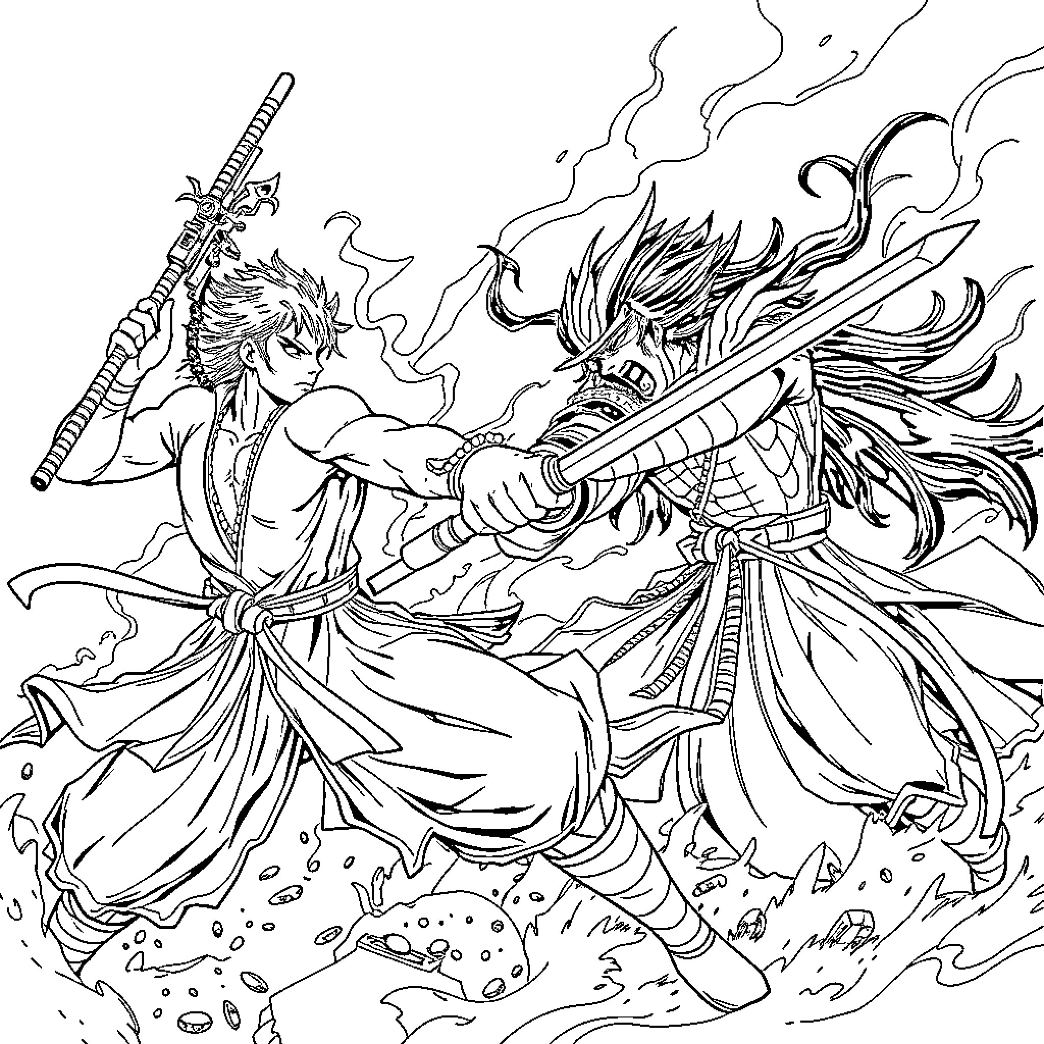 Kaido clashing swords against a powerful warrior Coloring Page (free black-and-white line drawing printable PDF for all, from beginners to advanced learners, including children, teens, adults, and seniors)