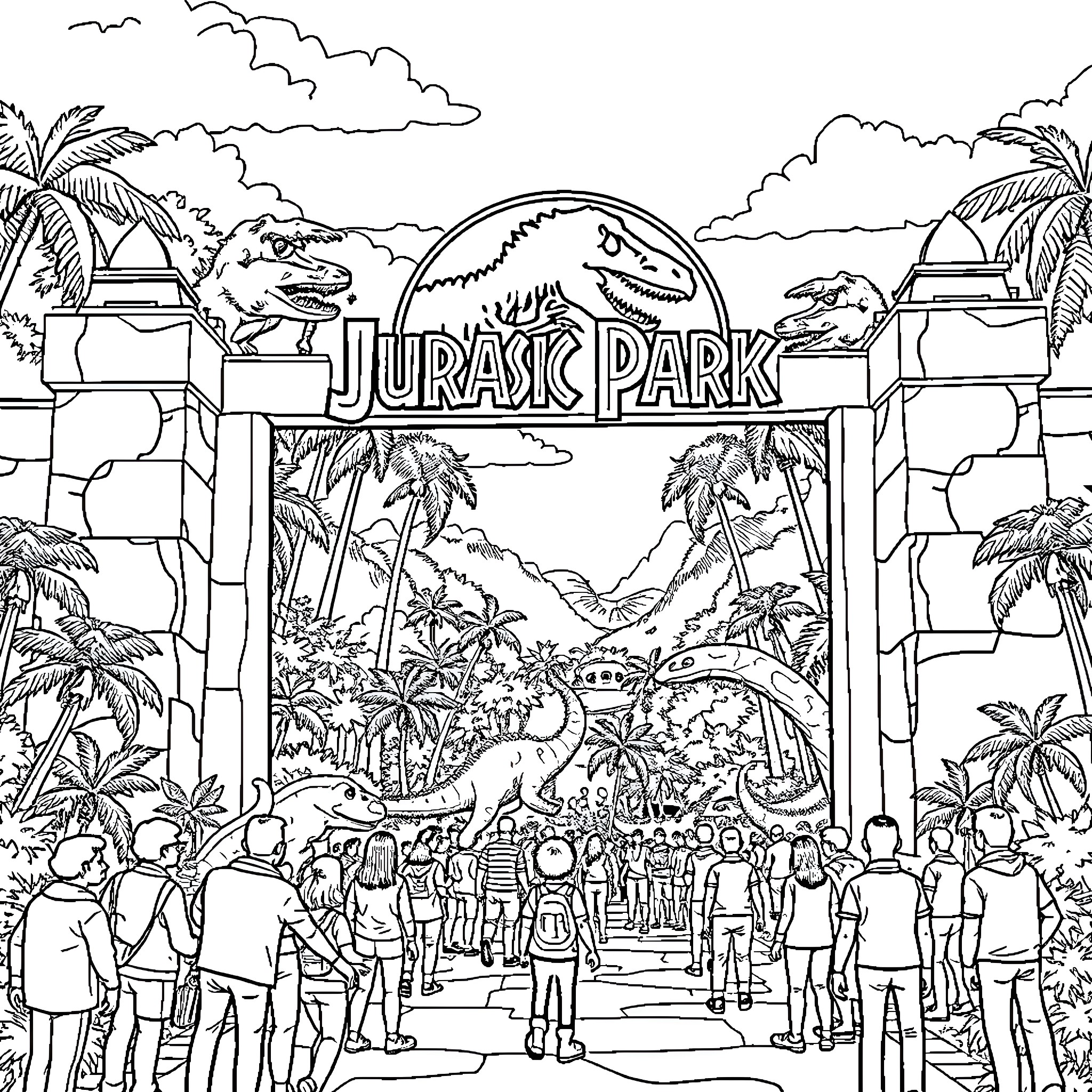 Jurassic Park - Visitors Entering the Prehistoric Realm Coloring Page (free black-and-white line drawing printable PDF for all, from beginners to advanced learners, including children, teens, adults, and seniors)