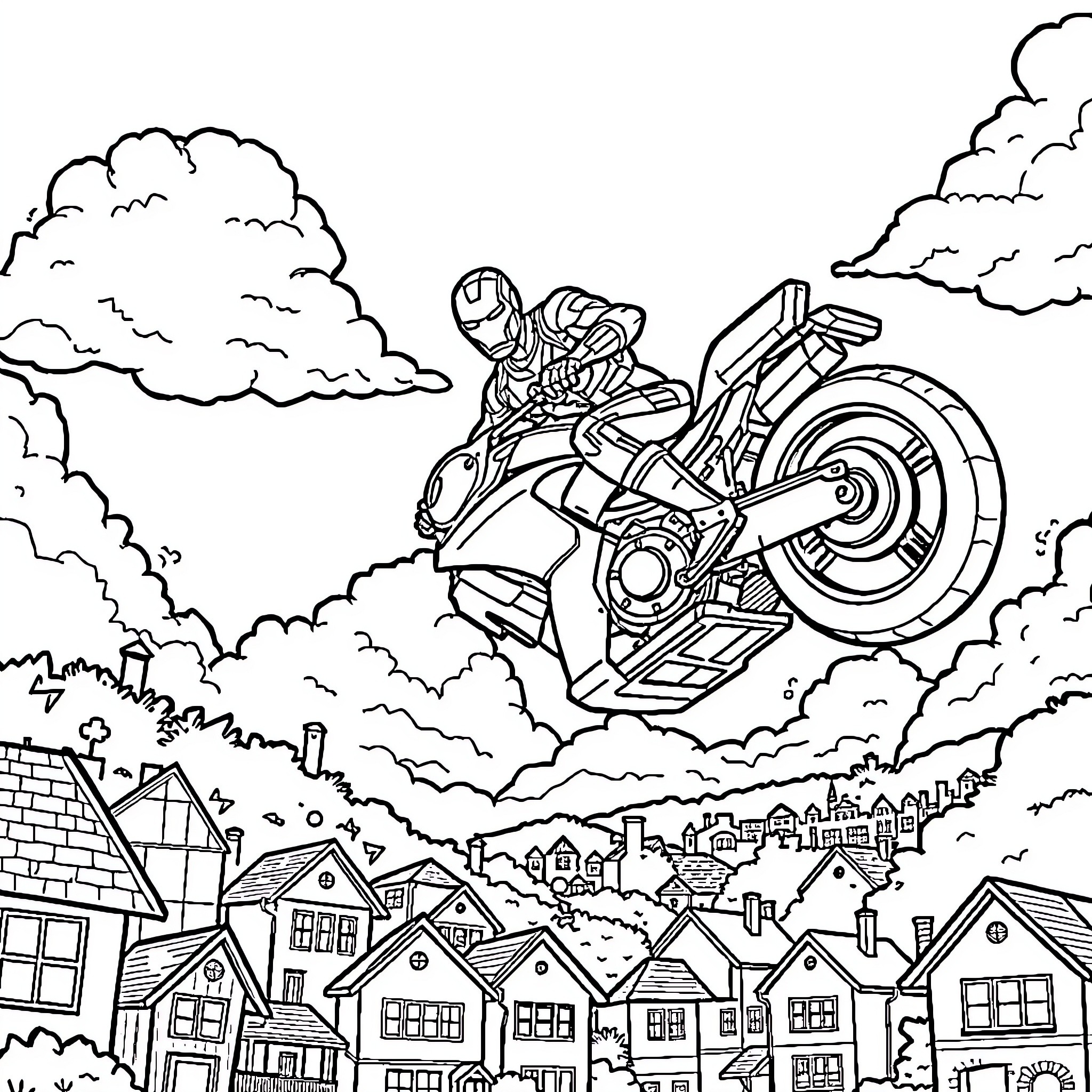 Ironman riding a futuristic motorcycle over a city landscape Coloring Page (free black-and-white line drawing printable PDF for all, from beginners to advanced learners, including children, teens, adults, and seniors)