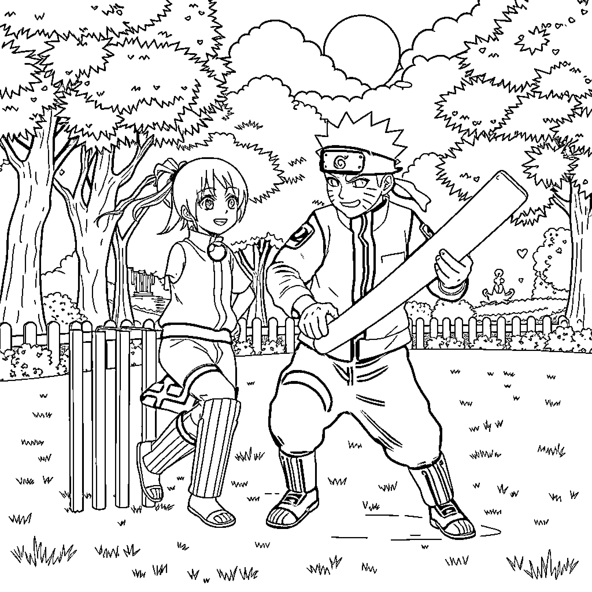 Naruto characters in an outdoor forest scene Coloring Page (free black-and-white line drawing printable PDF for all, from beginners to advanced learners, including children, teens, adults, and seniors)