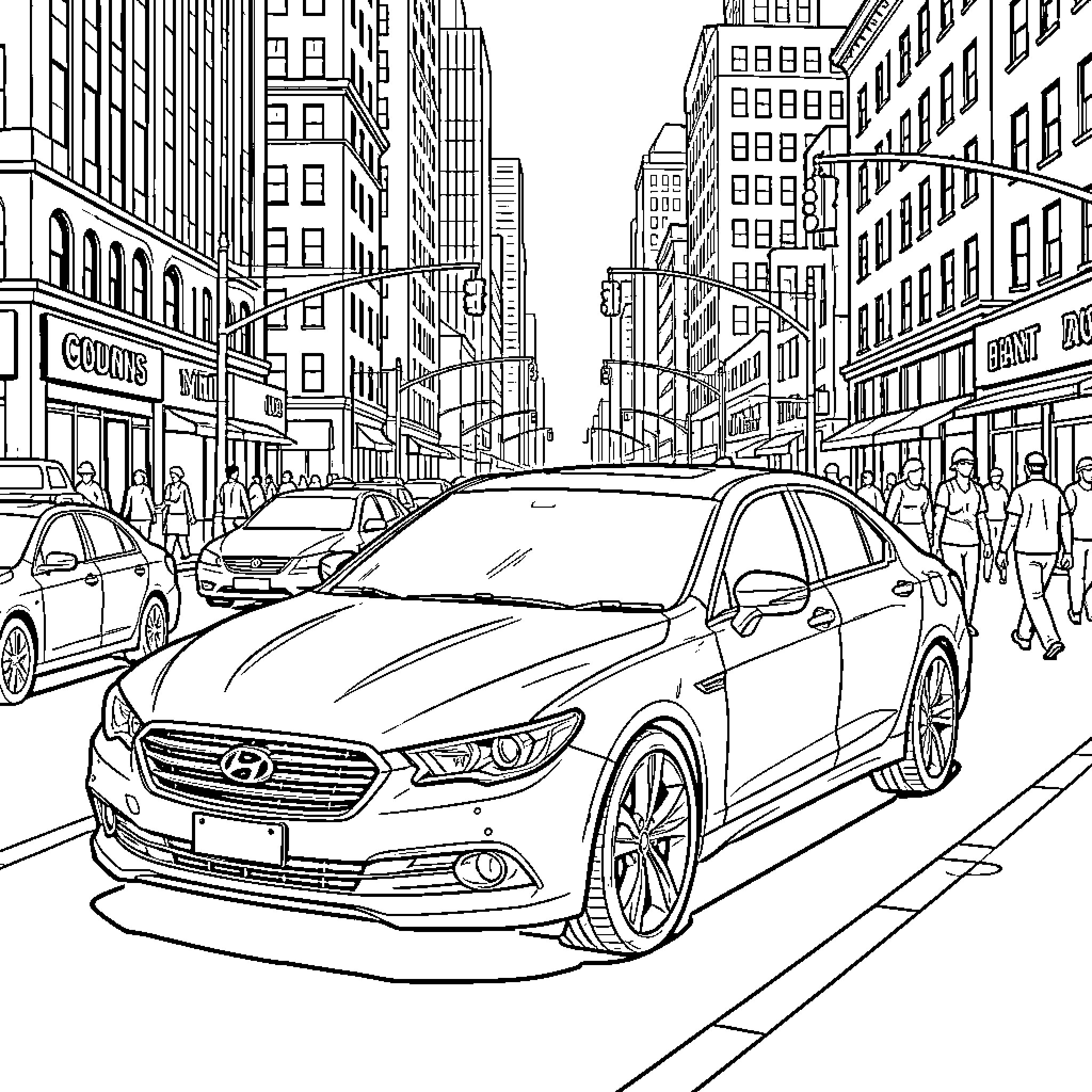 Car in busy city street with pedestrians Coloring Page (free black-and-white line drawing printable PDF for all, from beginners to advanced learners, including children, teens, adults, and seniors)