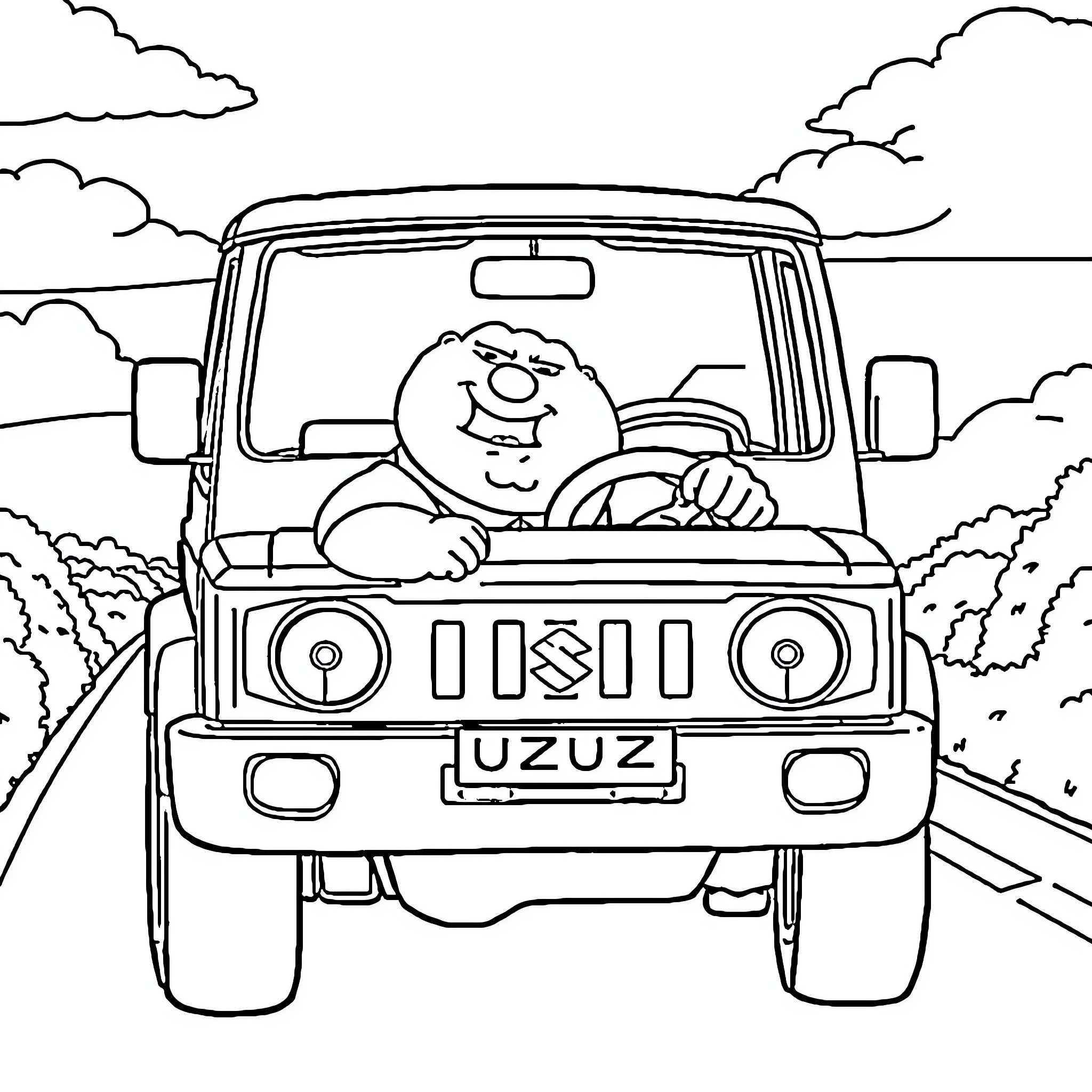 Peter Griffin driving a Suzuki Jeep happily on the road Coloring Page (free black-and-white line drawing printable PDF for all, from beginners to advanced learners, including children, teens, adults, and seniors)