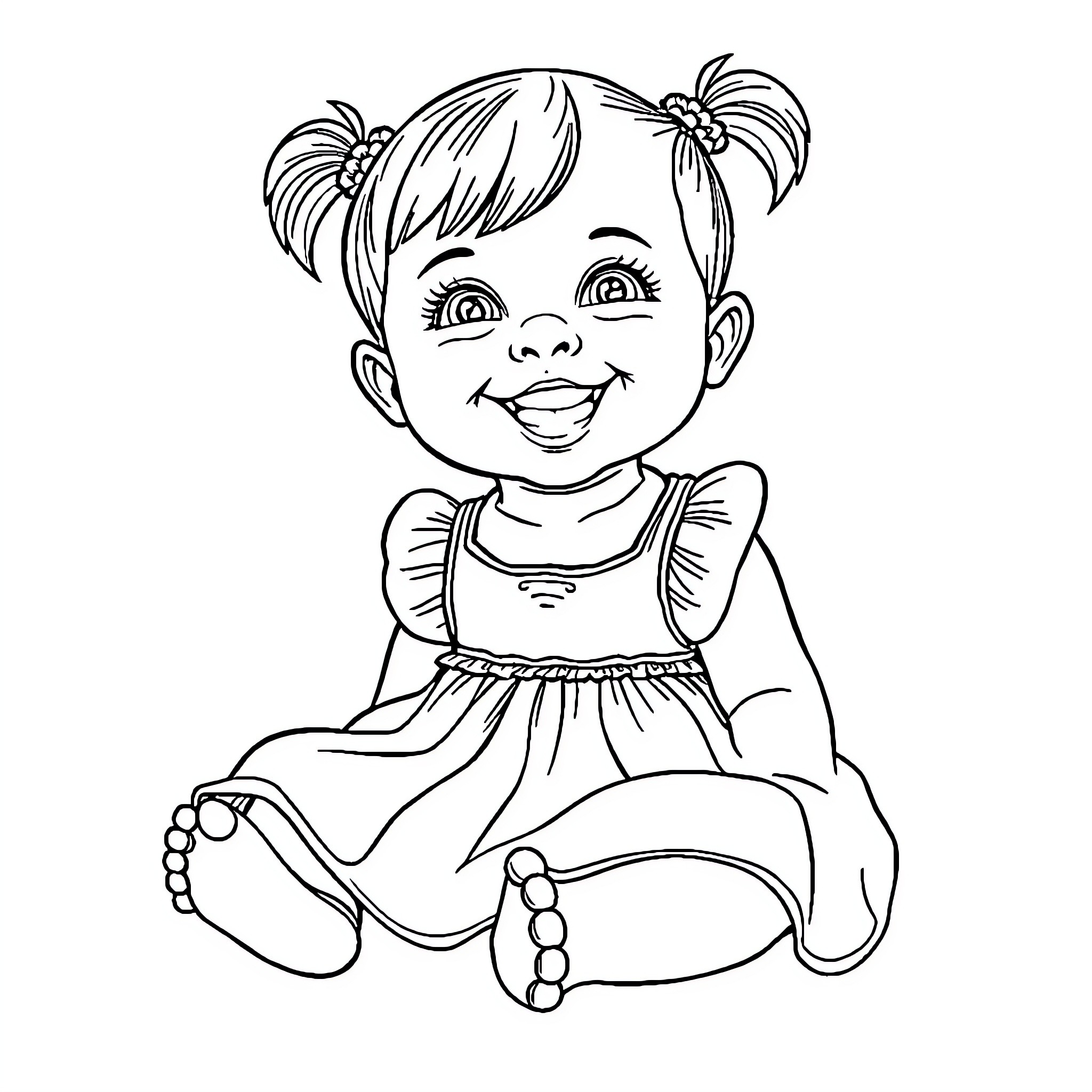 Baby girl with pigtails in a dress Coloring Page (free black-and-white line drawing printable PDF for all, from beginners to advanced learners, including children, teens, adults, and seniors)