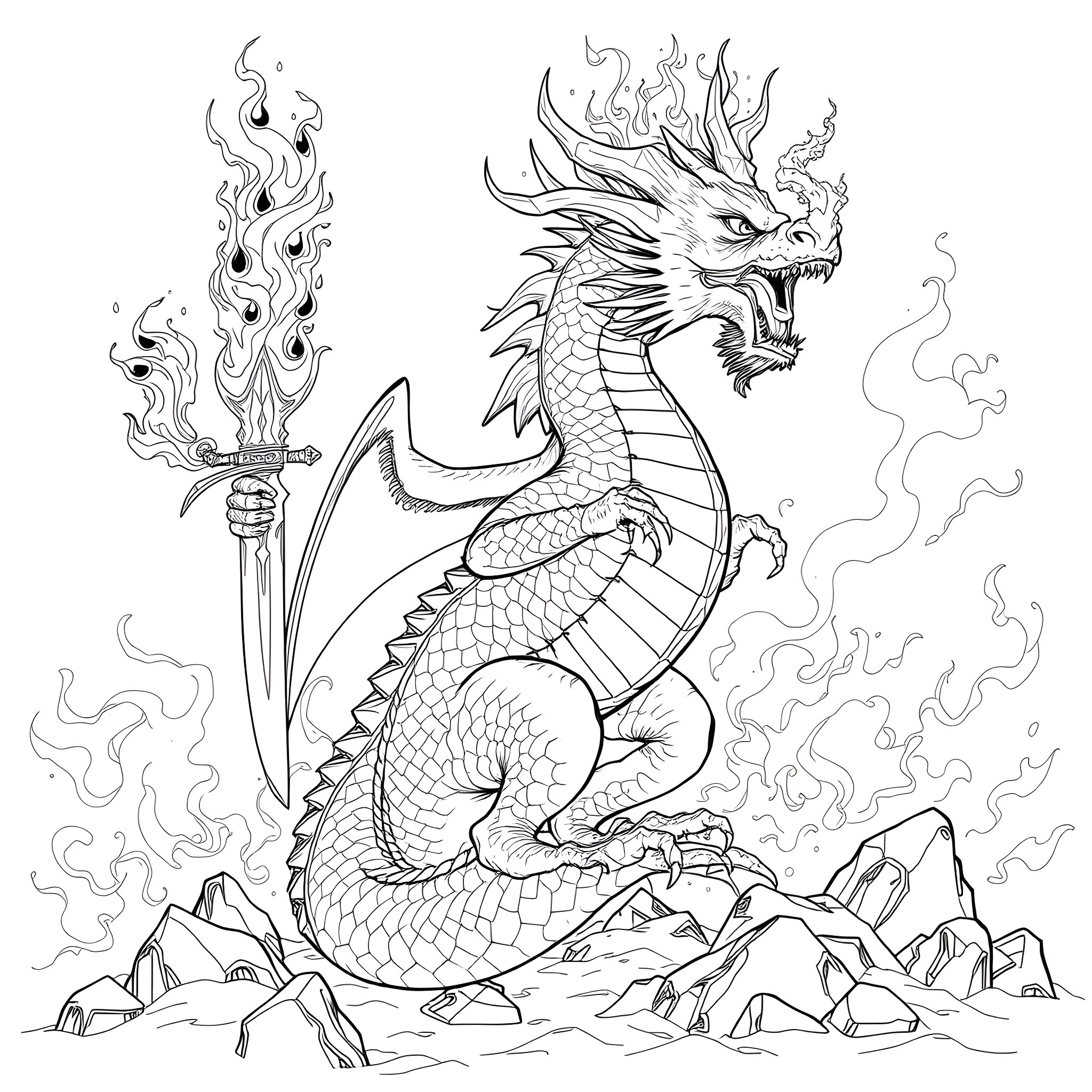 Dragon brandishing a fiery sword in a mountainous landscape Coloring Page (free black-and-white line drawing printable PDF for all, from beginners to advanced learners, including children, teens, adults, and seniors)