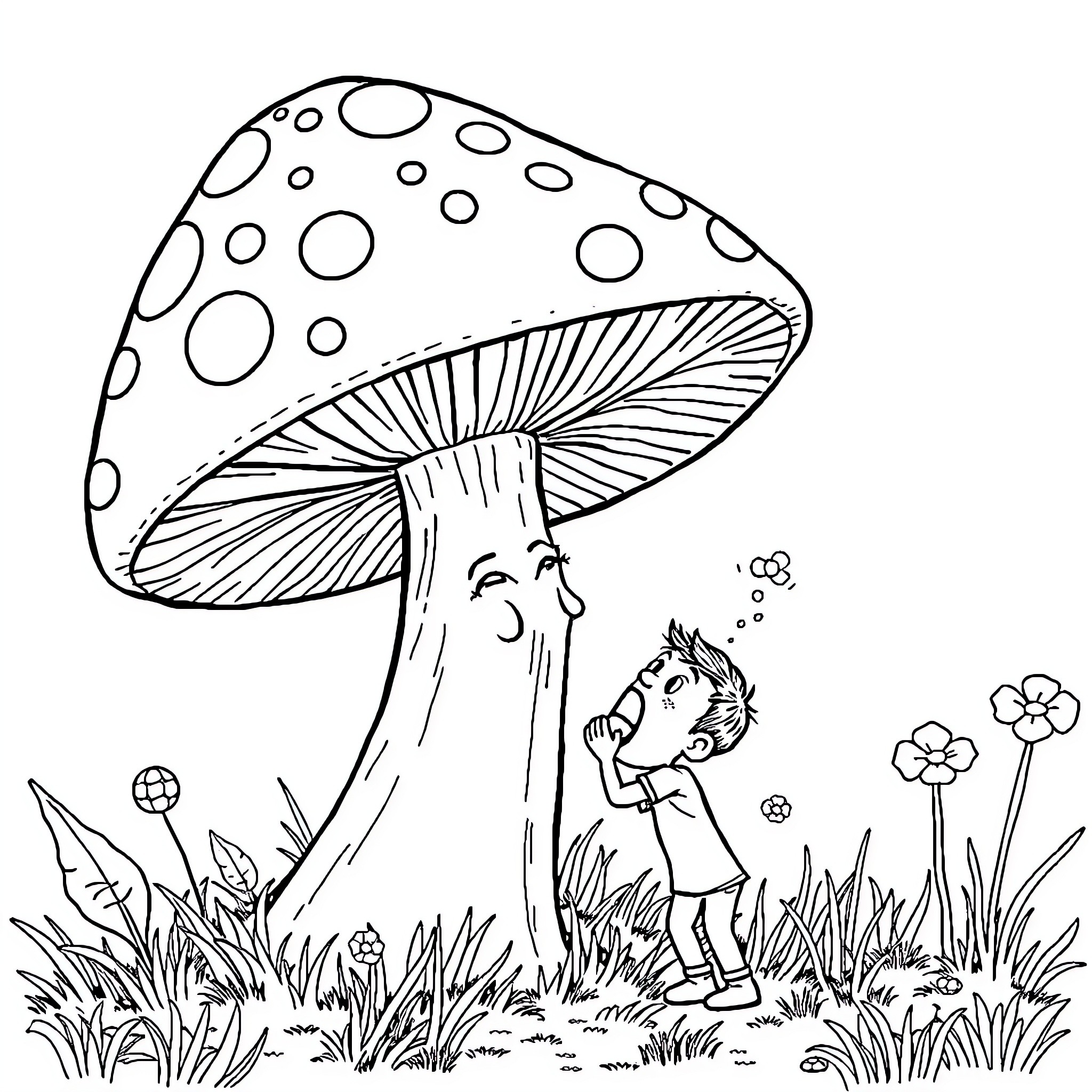Mushroom boy exploring the forest landscape Coloring Page (free black-and-white line drawing printable PDF for all, from beginners to advanced learners, including children, teens, adults, and seniors)
