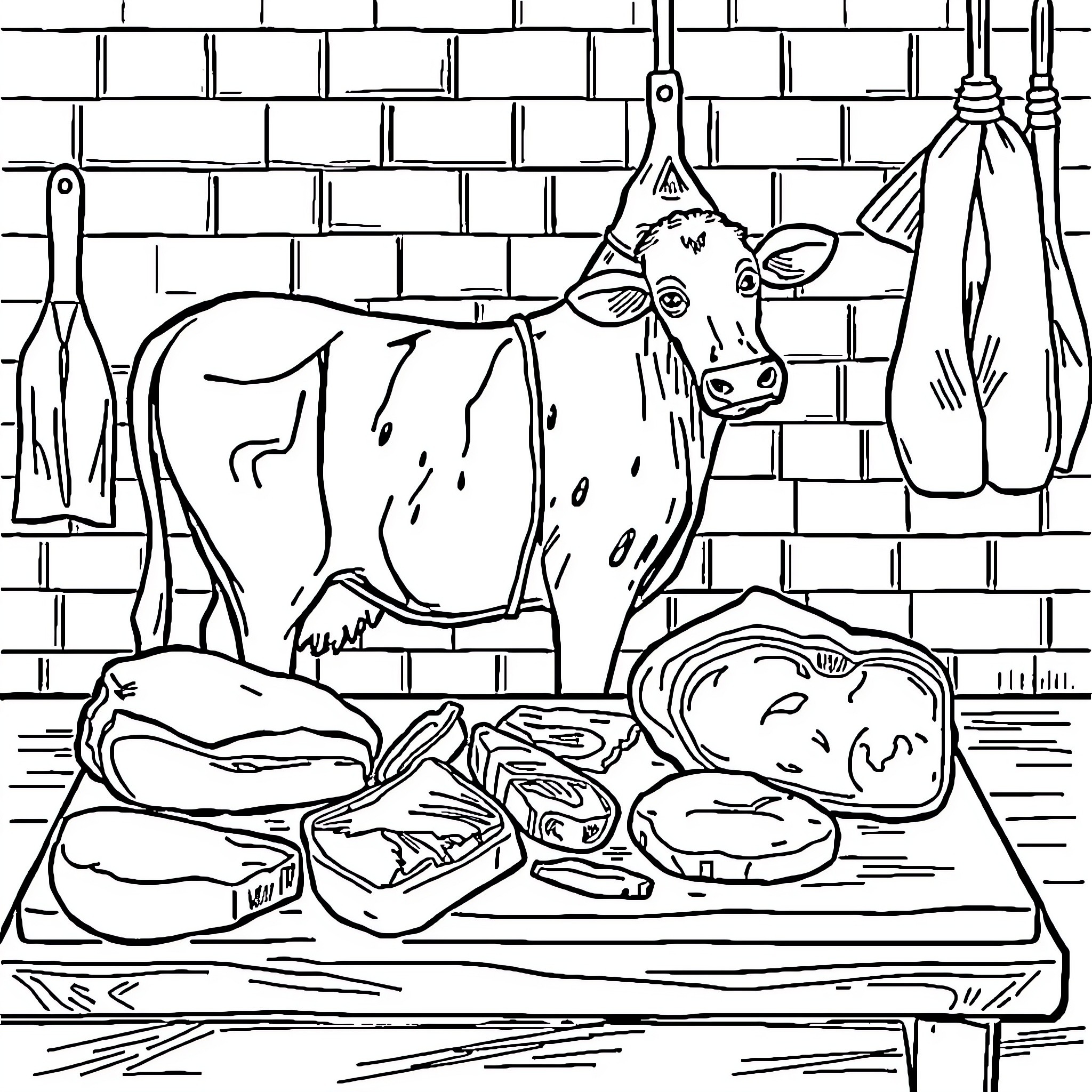 Cow in a butcher's shop with meat products Coloring Page (free black-and-white line drawing printable PDF for all, from beginners to advanced learners, including children, teens, adults, and seniors)