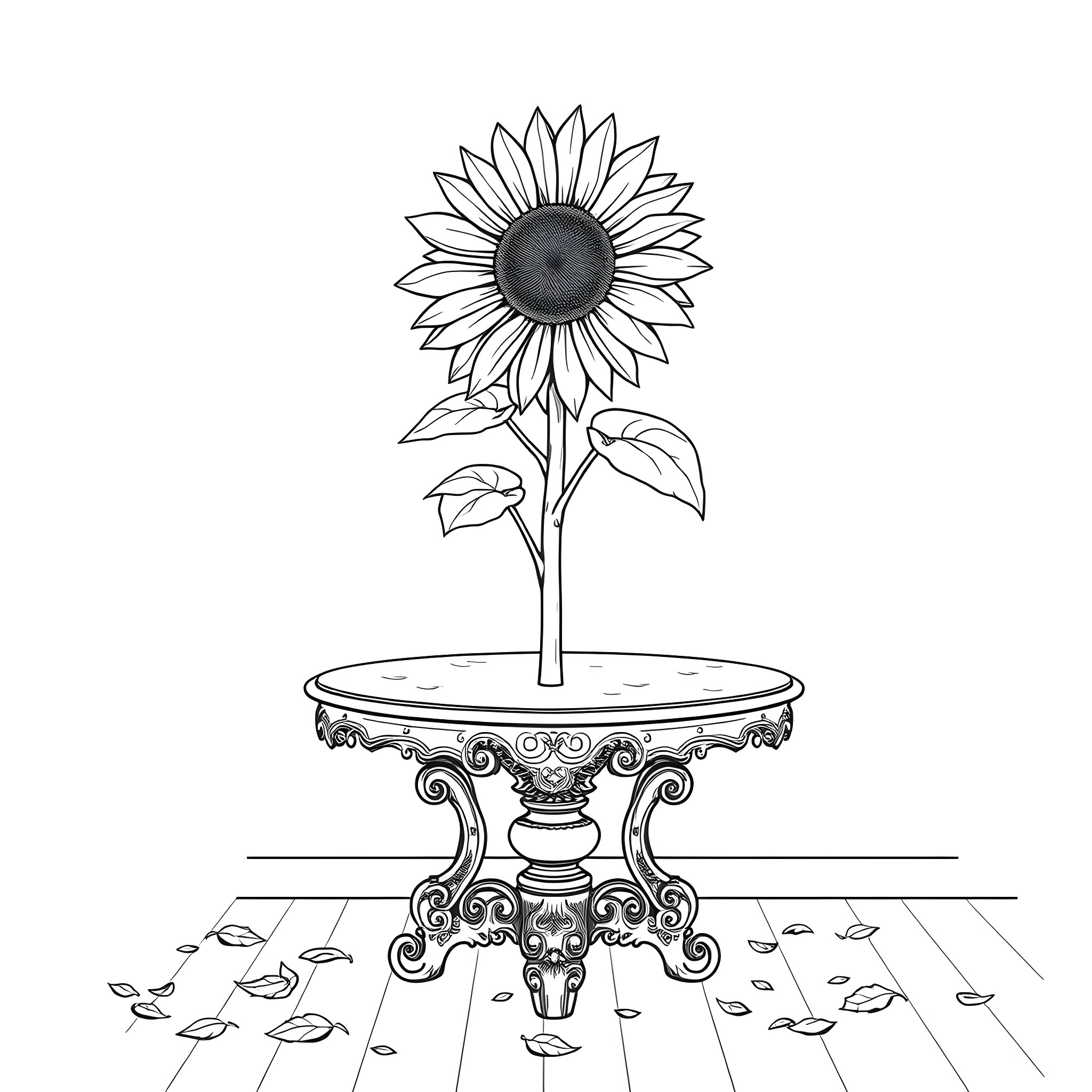 Sunflower blooming on decorative pedestal Coloring Page (free black-and-white line drawing printable PDF for all, from beginners to advanced learners, including children, teens, adults, and seniors)