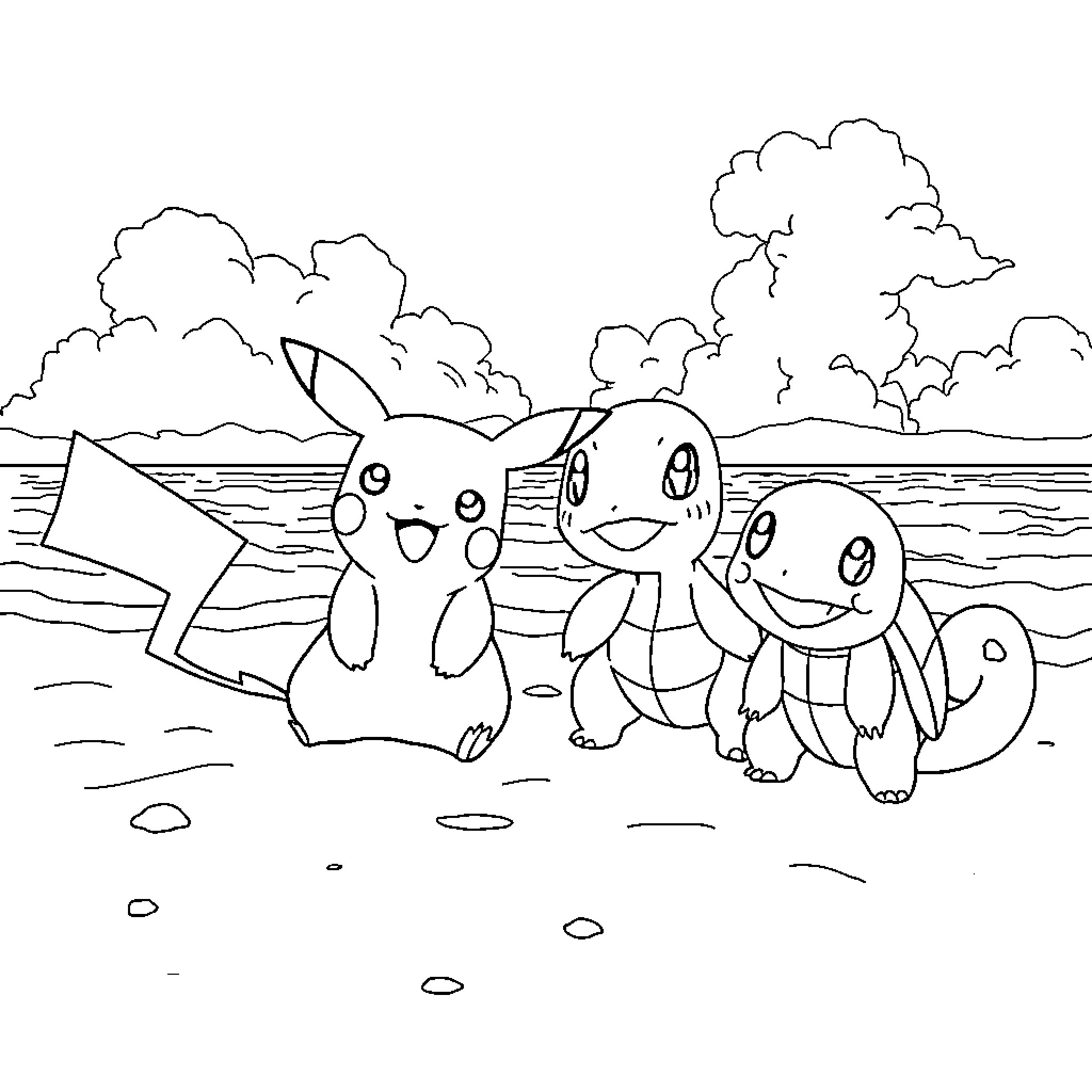 Pokémon Characters Playing on the Beach Coloring Page (free black-and-white line drawing printable PDF for all, from beginners to advanced learners, including children, teens, adults, and seniors)