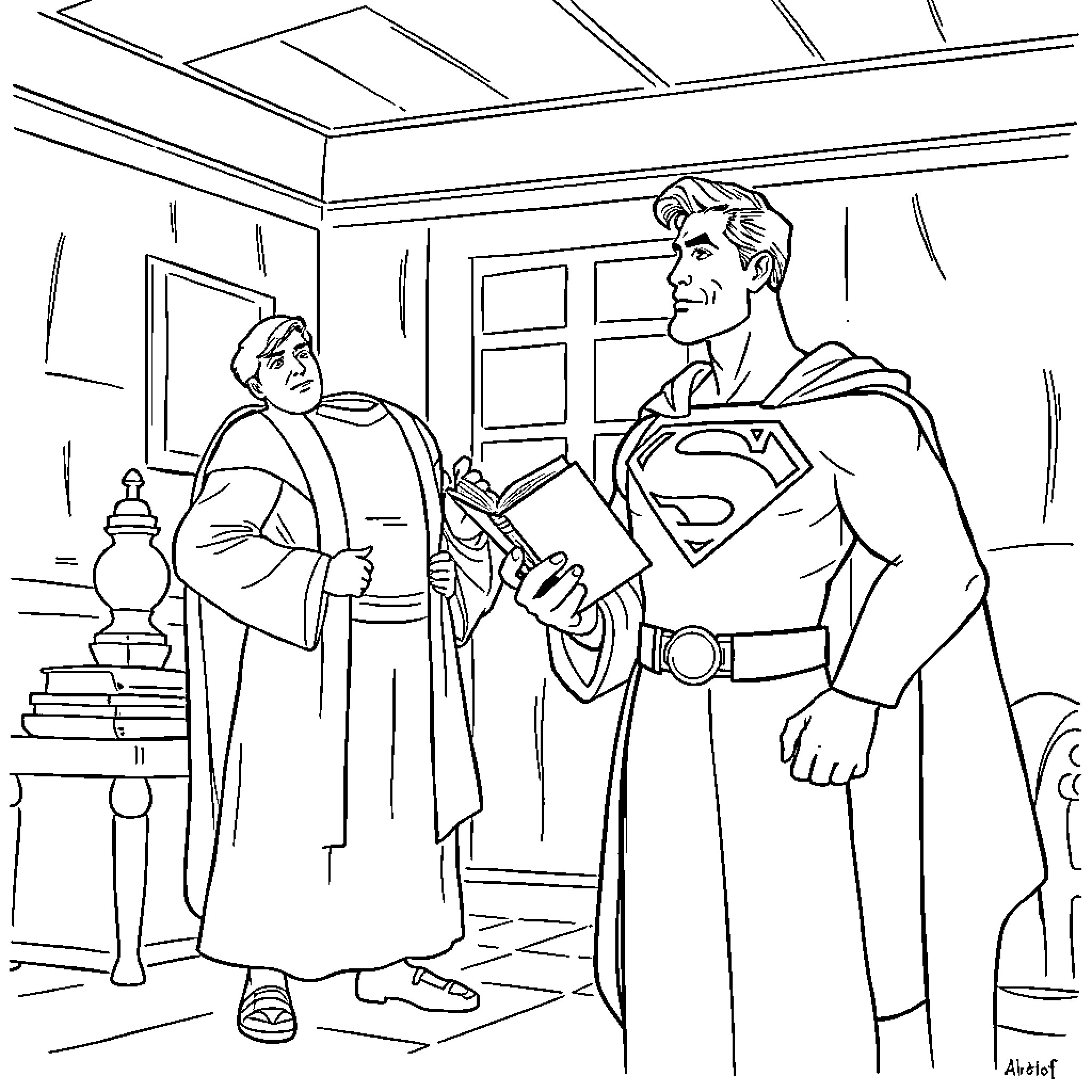Joseph Smith meets with Superman in a courtroom Coloring Page (free black-and-white line drawing printable PDF for all, from beginners to advanced learners, including children, teens, adults, and seniors)