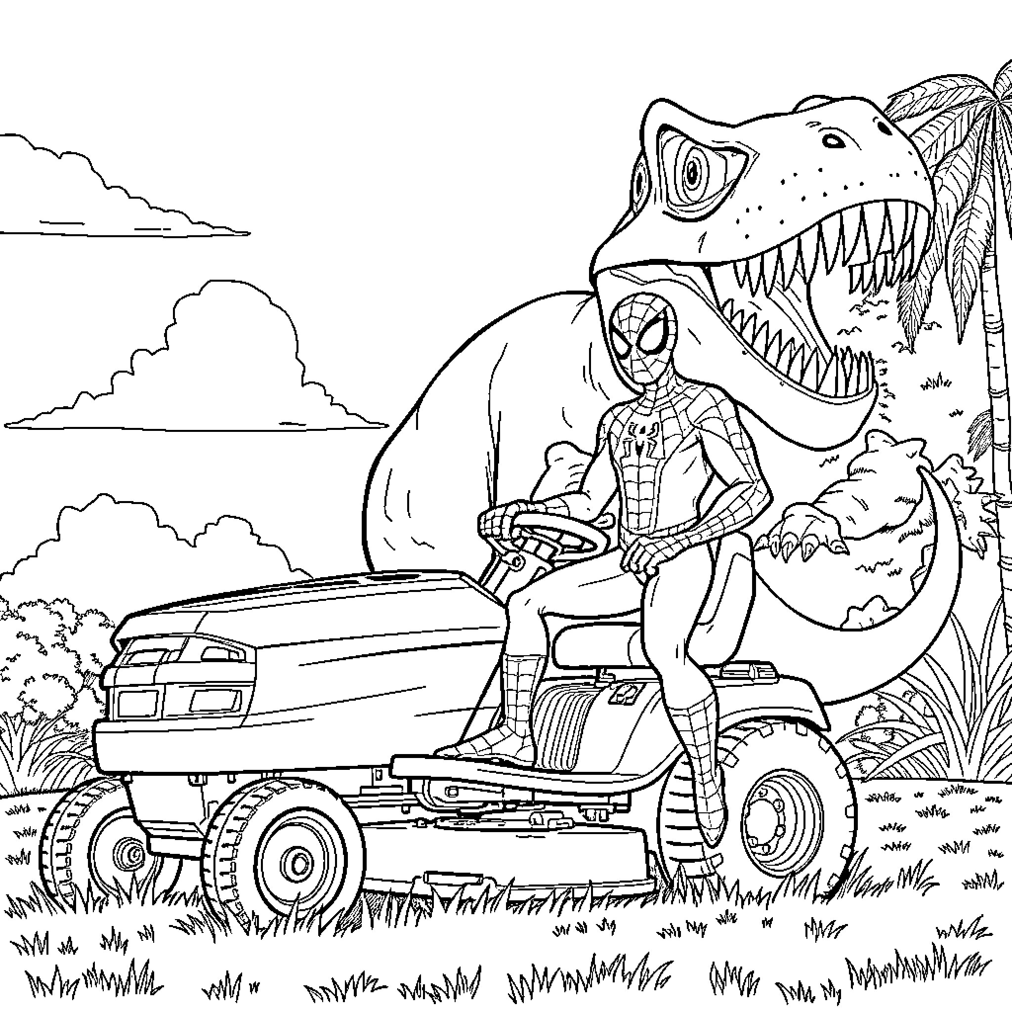 Spider-Man riding a lawnmower next to a ferocious dinosaur Coloring Page (free black-and-white line drawing printable PDF for all, from beginners to advanced learners, including children, teens, adults, and seniors)