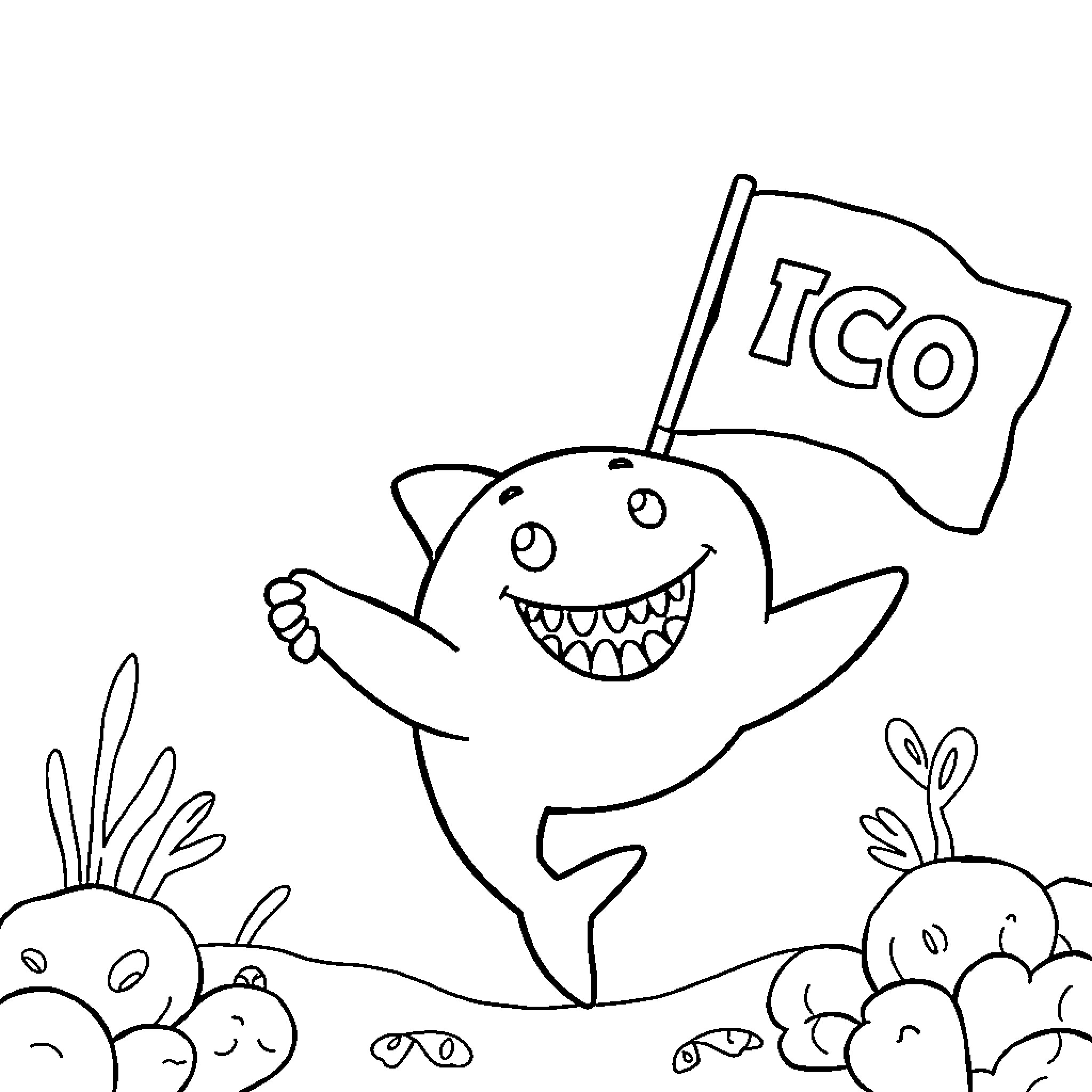 Shark holding ICO flag in joyful celebration Coloring Page (free black-and-white line drawing printable PDF for all, from beginners to advanced learners, including children, teens, adults, and seniors)