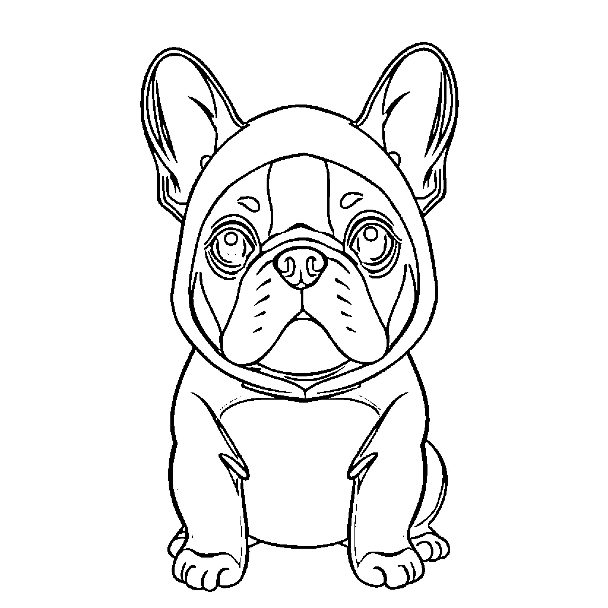 French Bulldog sitting curiously Coloring Page (free black-and-white line drawing printable PDF for all, from beginners to advanced learners, including children, teens, adults, and seniors)