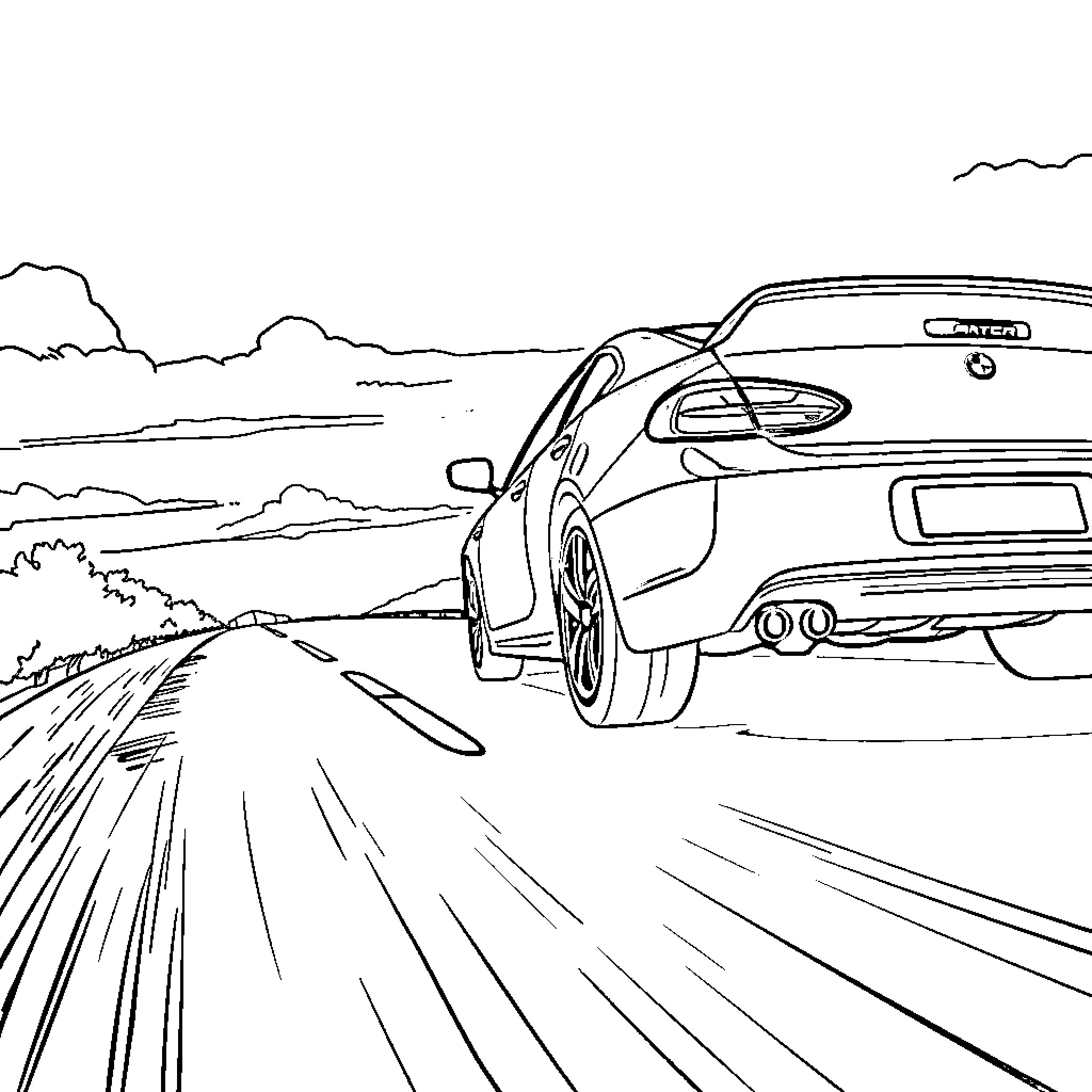Car speeding on a country road Coloring Page (free black-and-white line drawing printable PDF for all, from beginners to advanced learners, including children, teens, adults, and seniors)