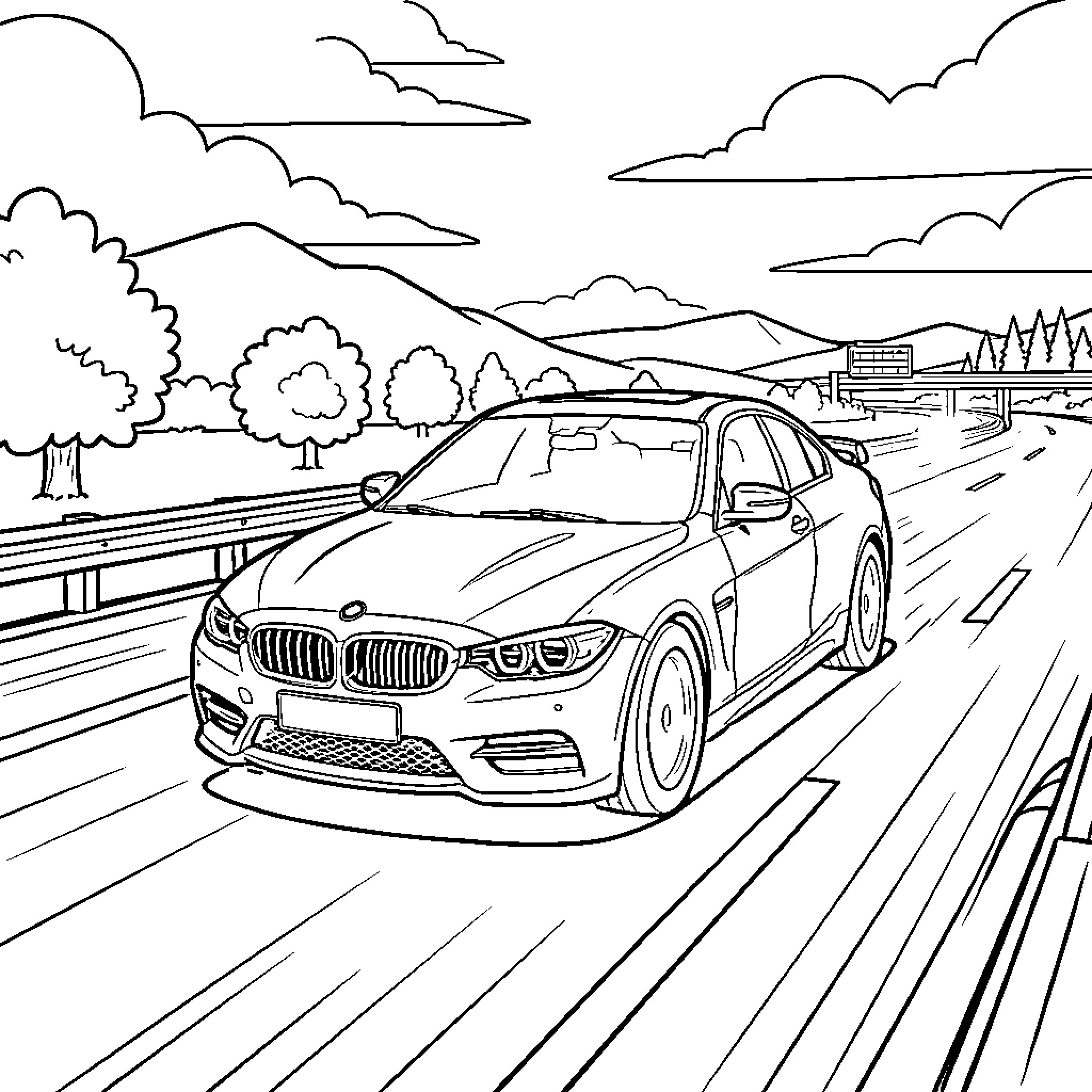 Car driving fast along a scenic mountain highway Coloring Page (free black-and-white line drawing printable PDF for all, from beginners to advanced learners, including children, teens, adults, and seniors)