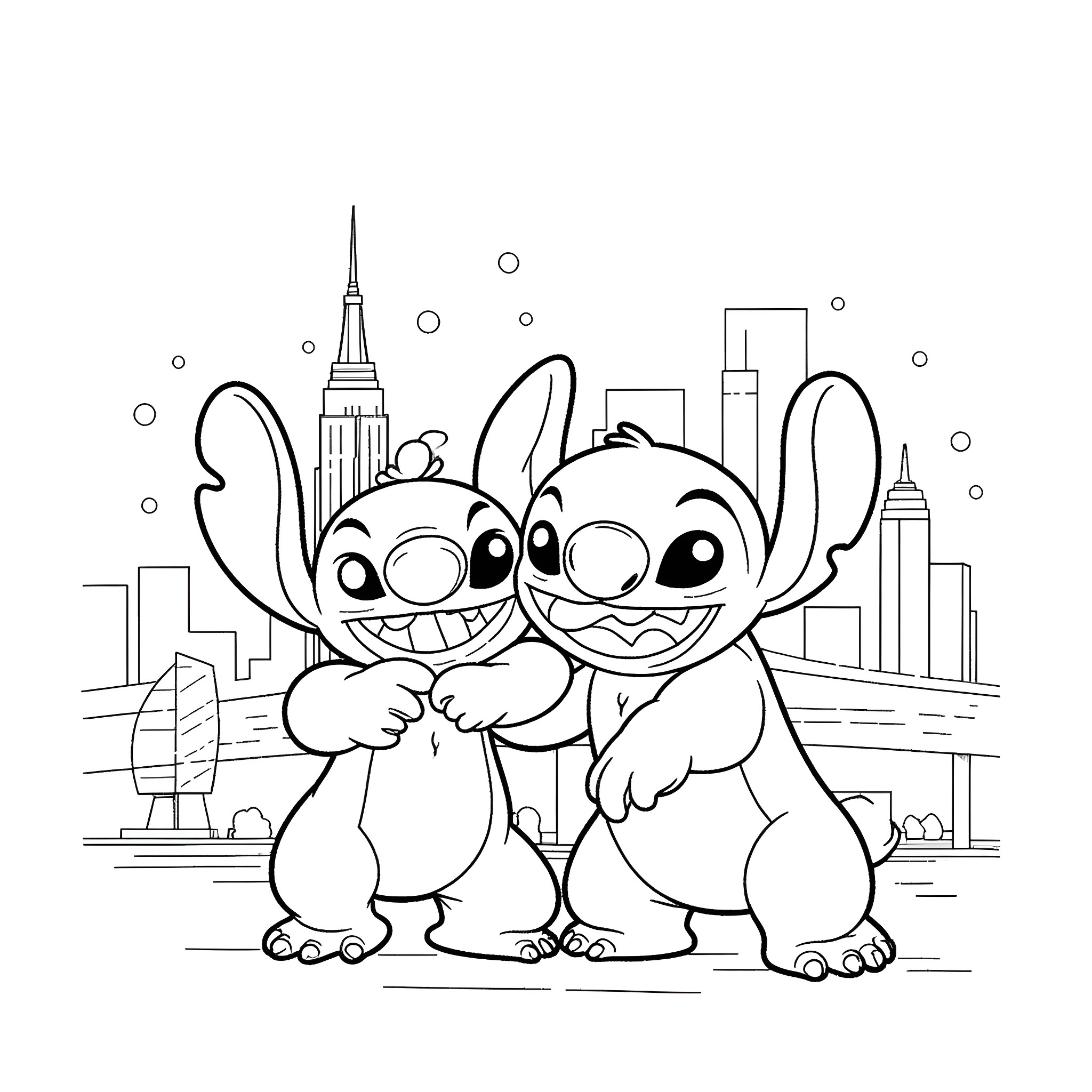 Lilo and Stitch explore the city together Coloring Page (free black-and-white line drawing printable PDF for all, from beginners to advanced learners, including children, teens, adults, and seniors)